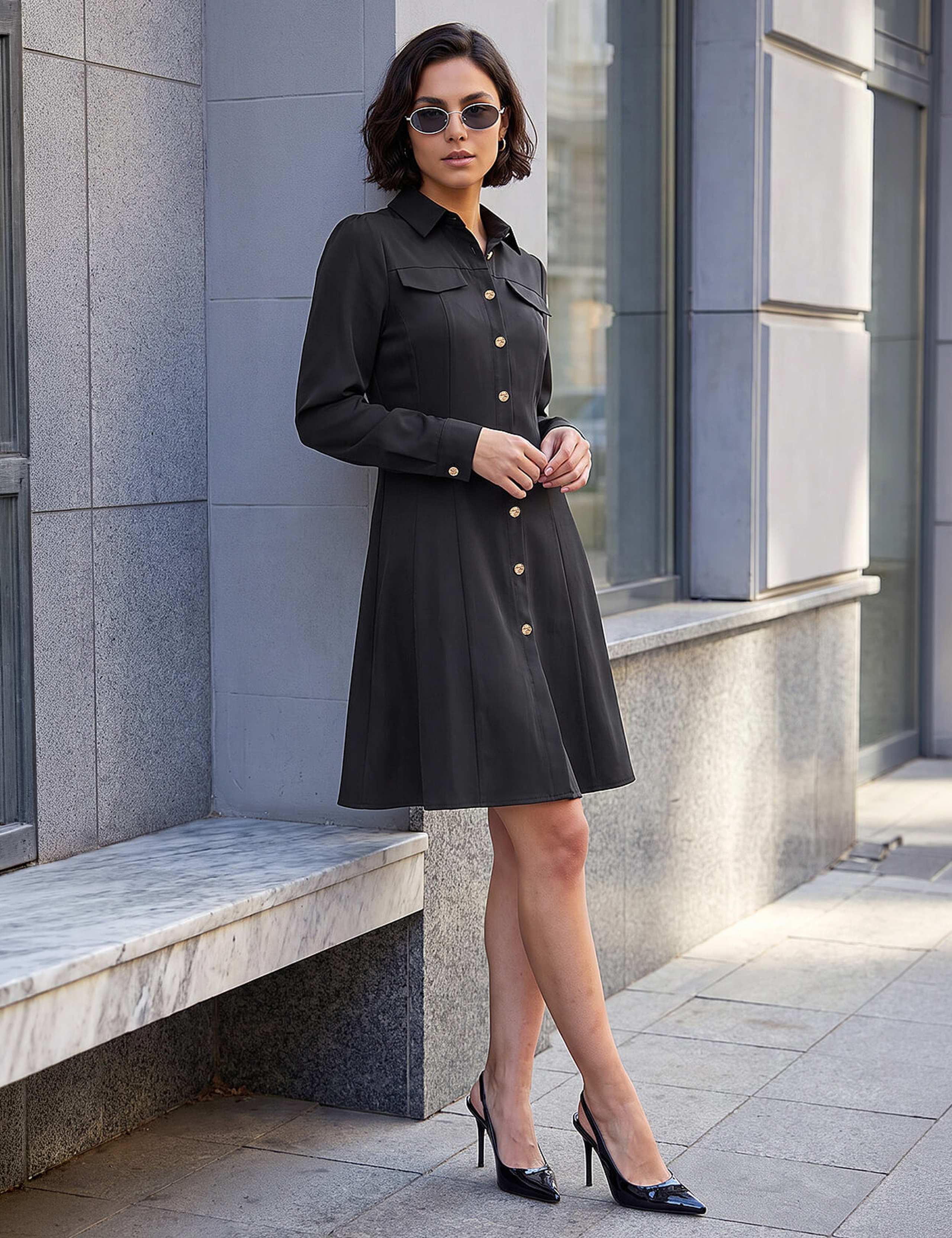 Collared Button Through Knee Length Shirt Dress