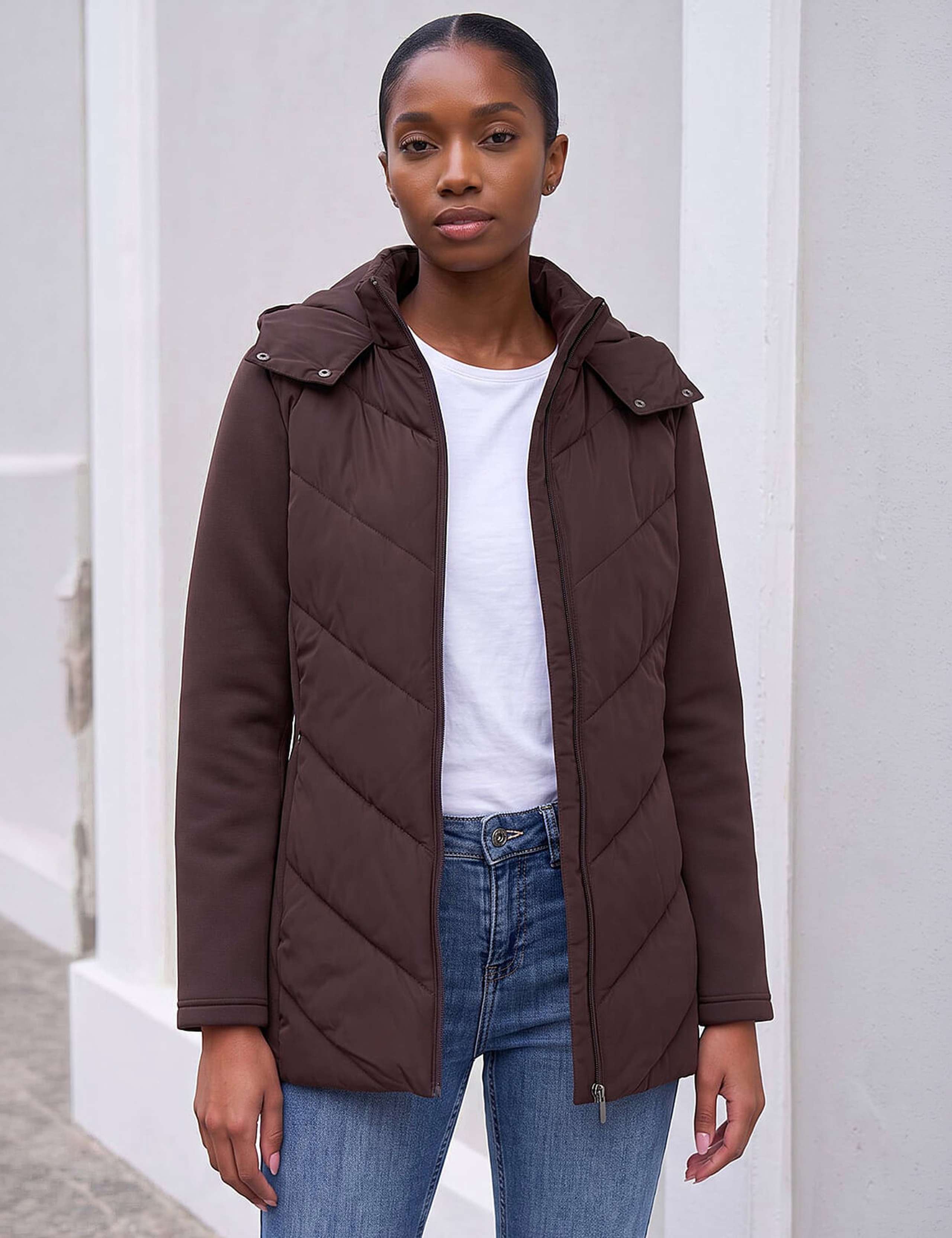 Petite Chevron Quilted Hooded Coat