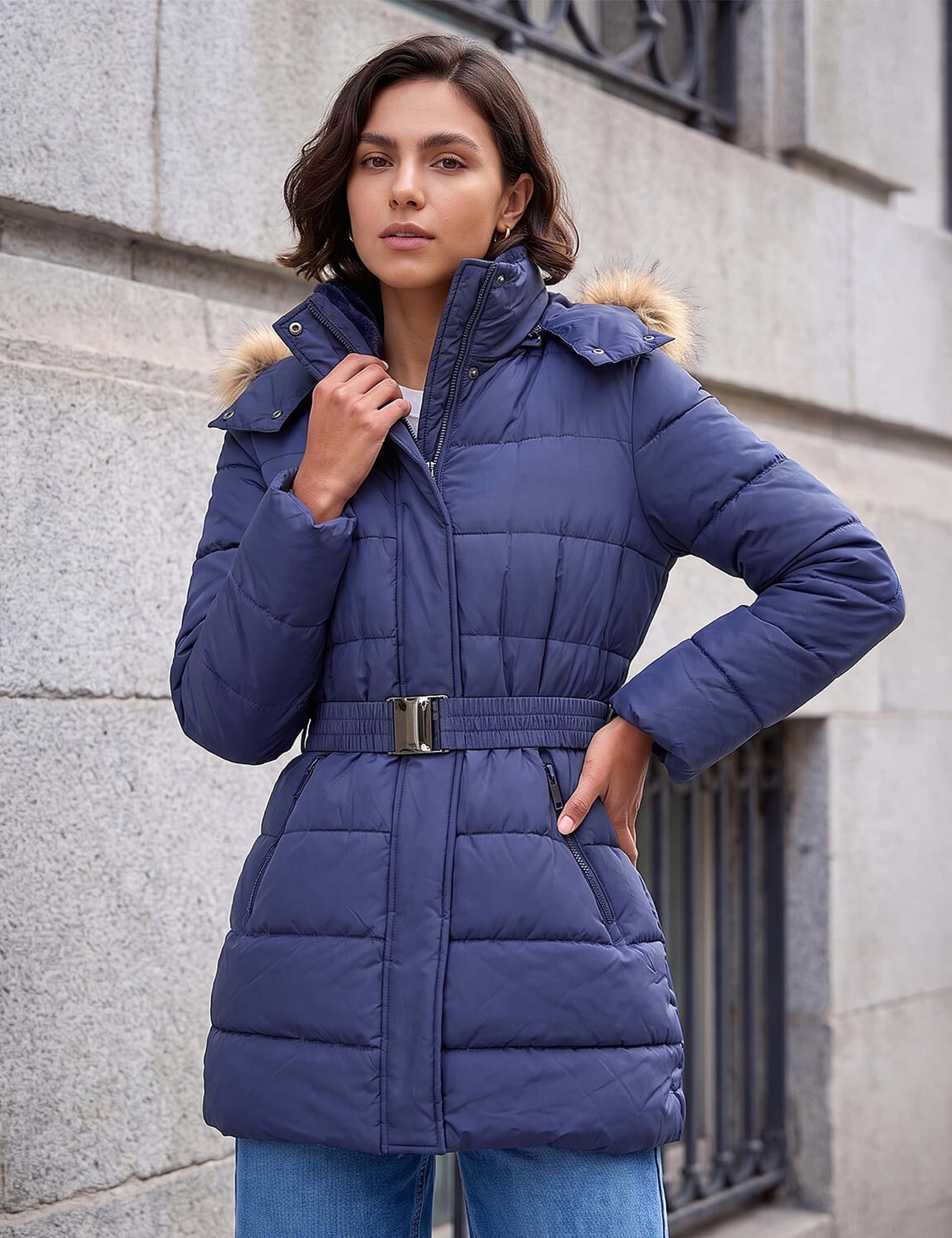 Padded Belted Faux Fur Trim Coat