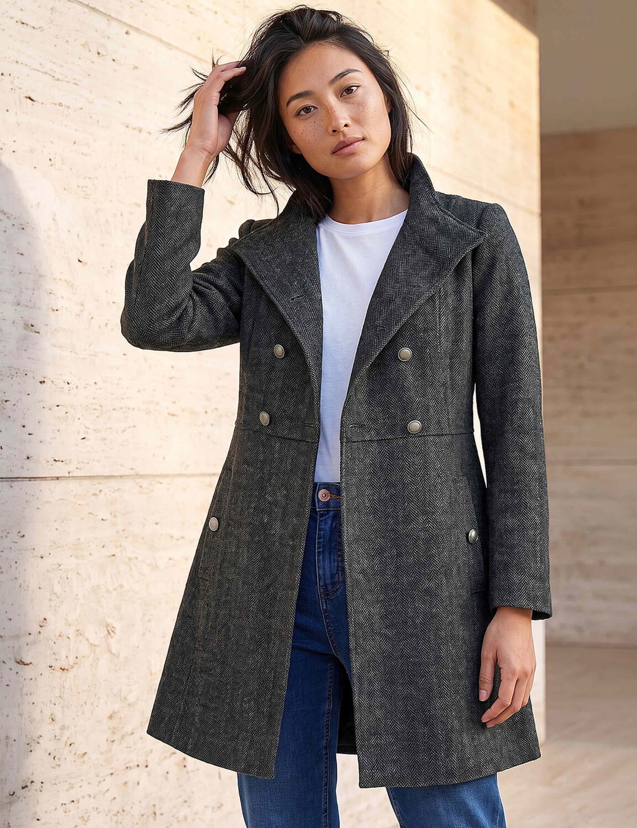 Petite Herringbone Funnel Neck Coat with Wool