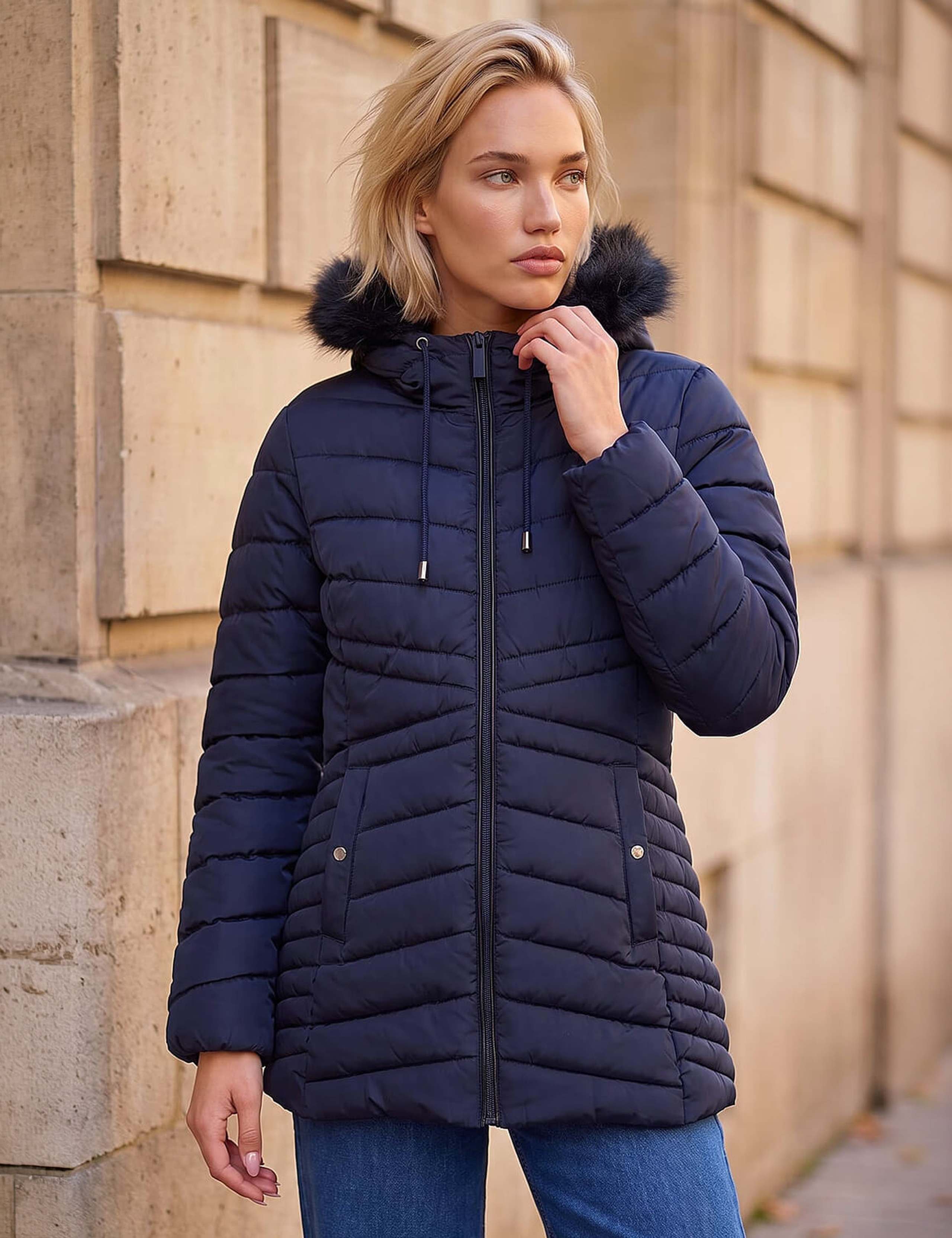 Padded Faux Fur Trim Hooded Coat
