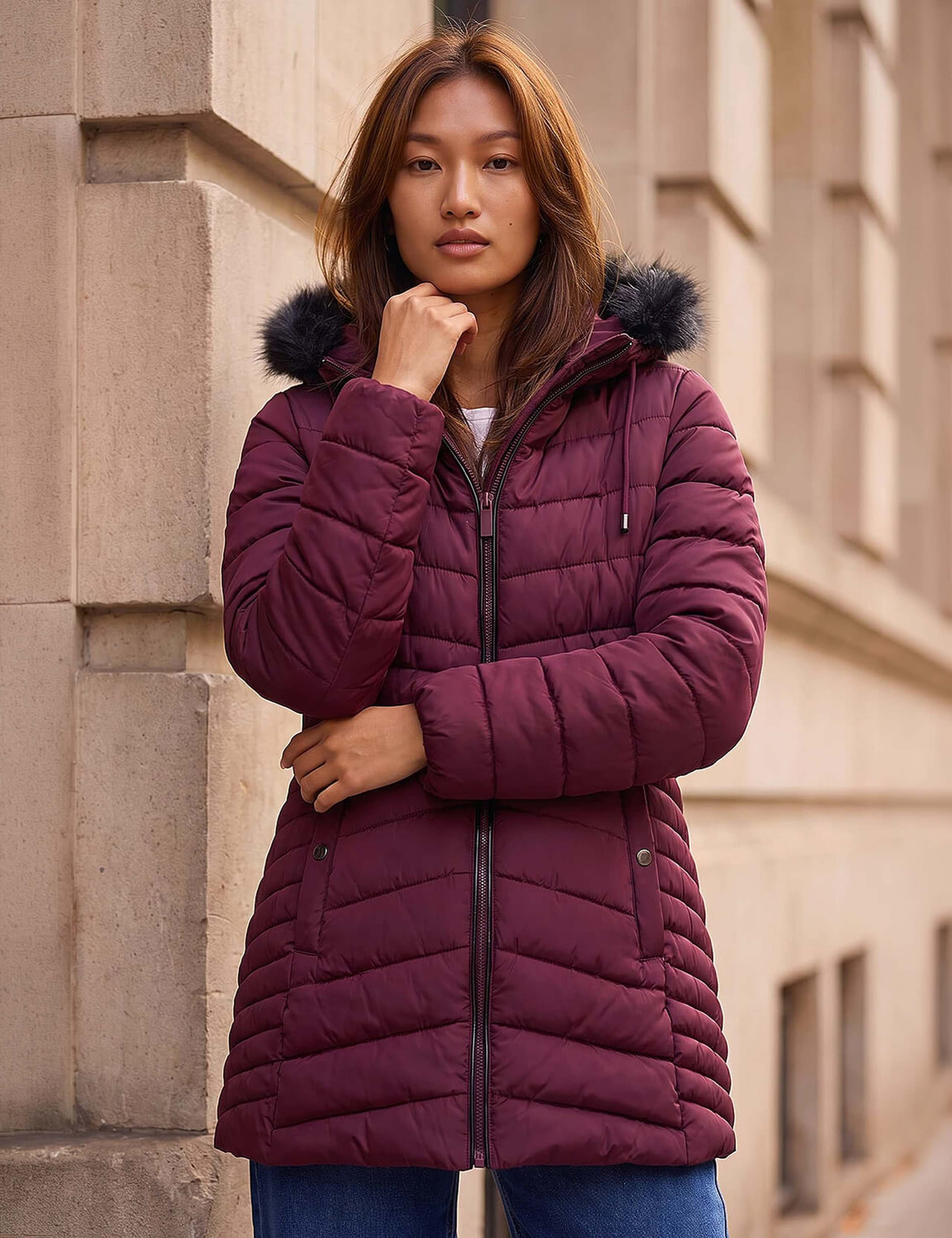 Padded Faux Fur Trim Hooded Coat