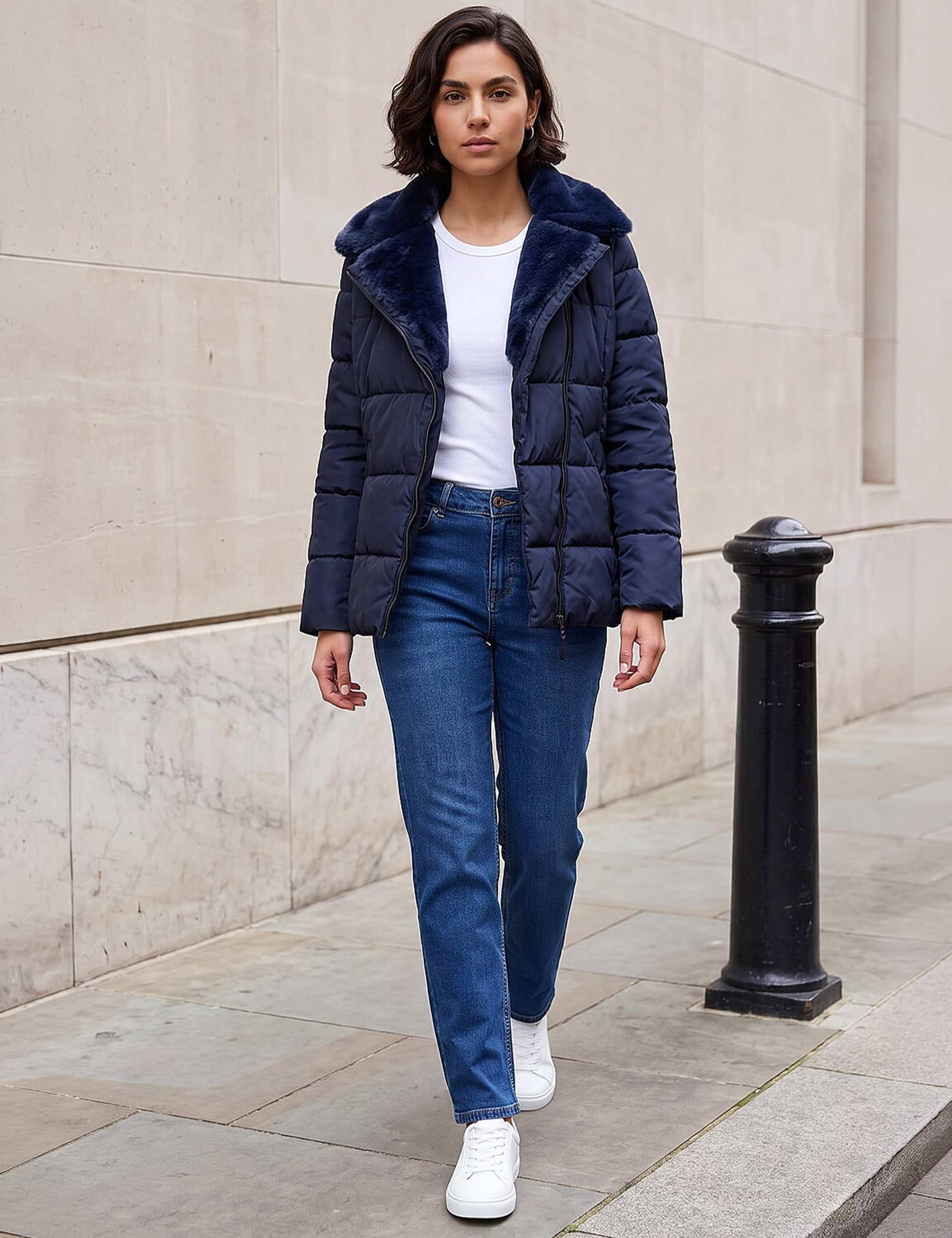 Padded Faux Fur Trim Biker Jacket