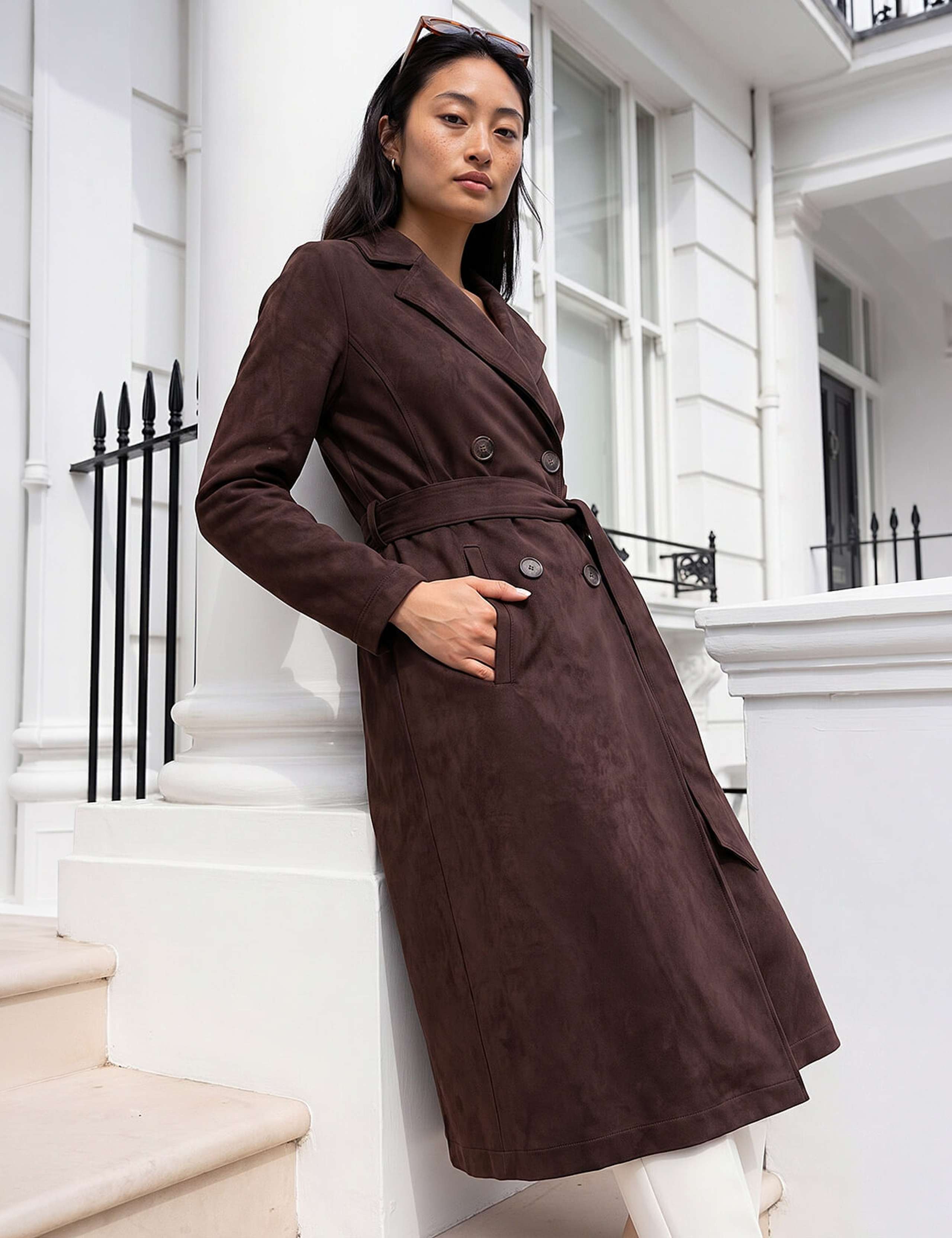 Petite Suedette Belted Double Breasted Trench Coat