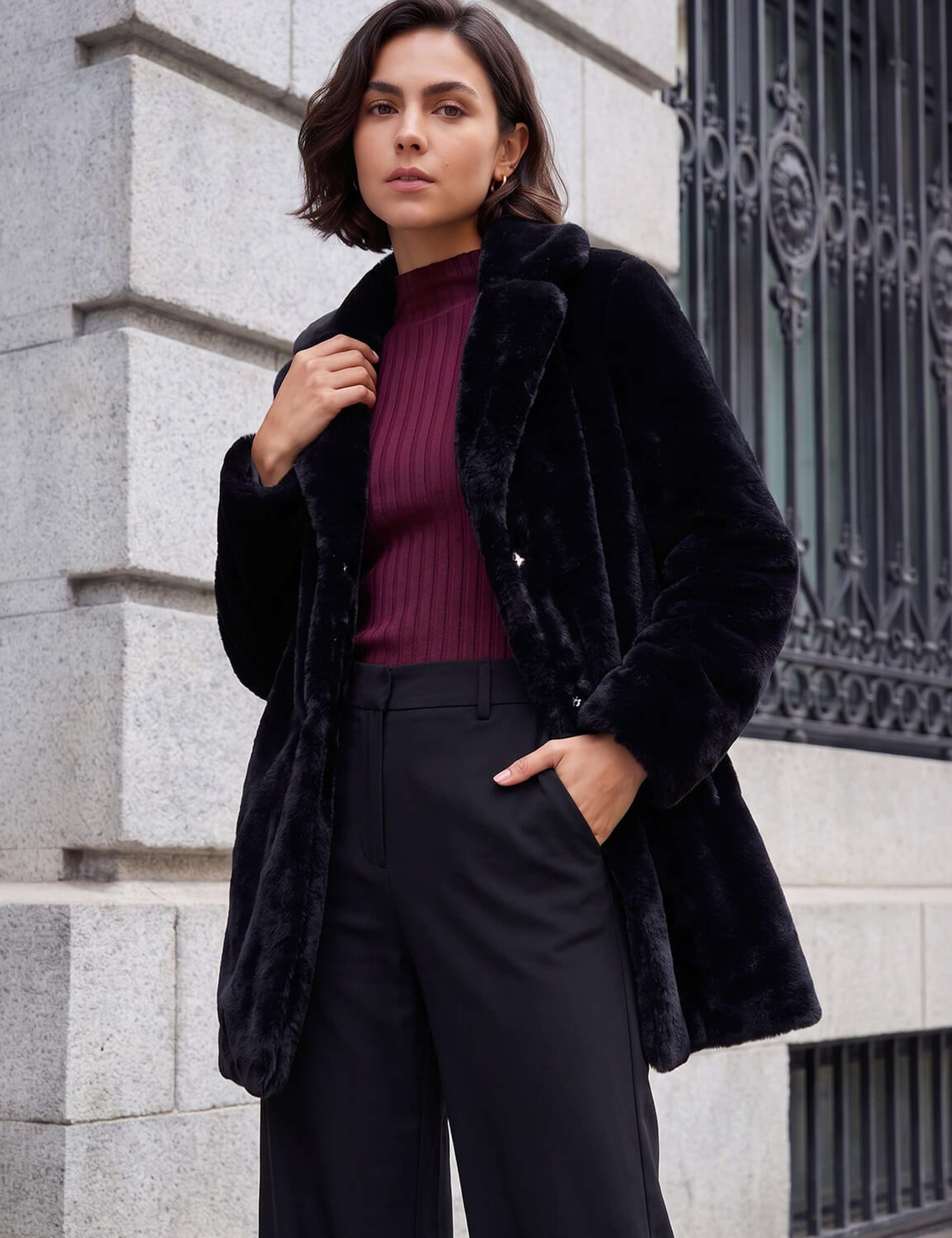 Faux Fur Revere Collar Longline Coat