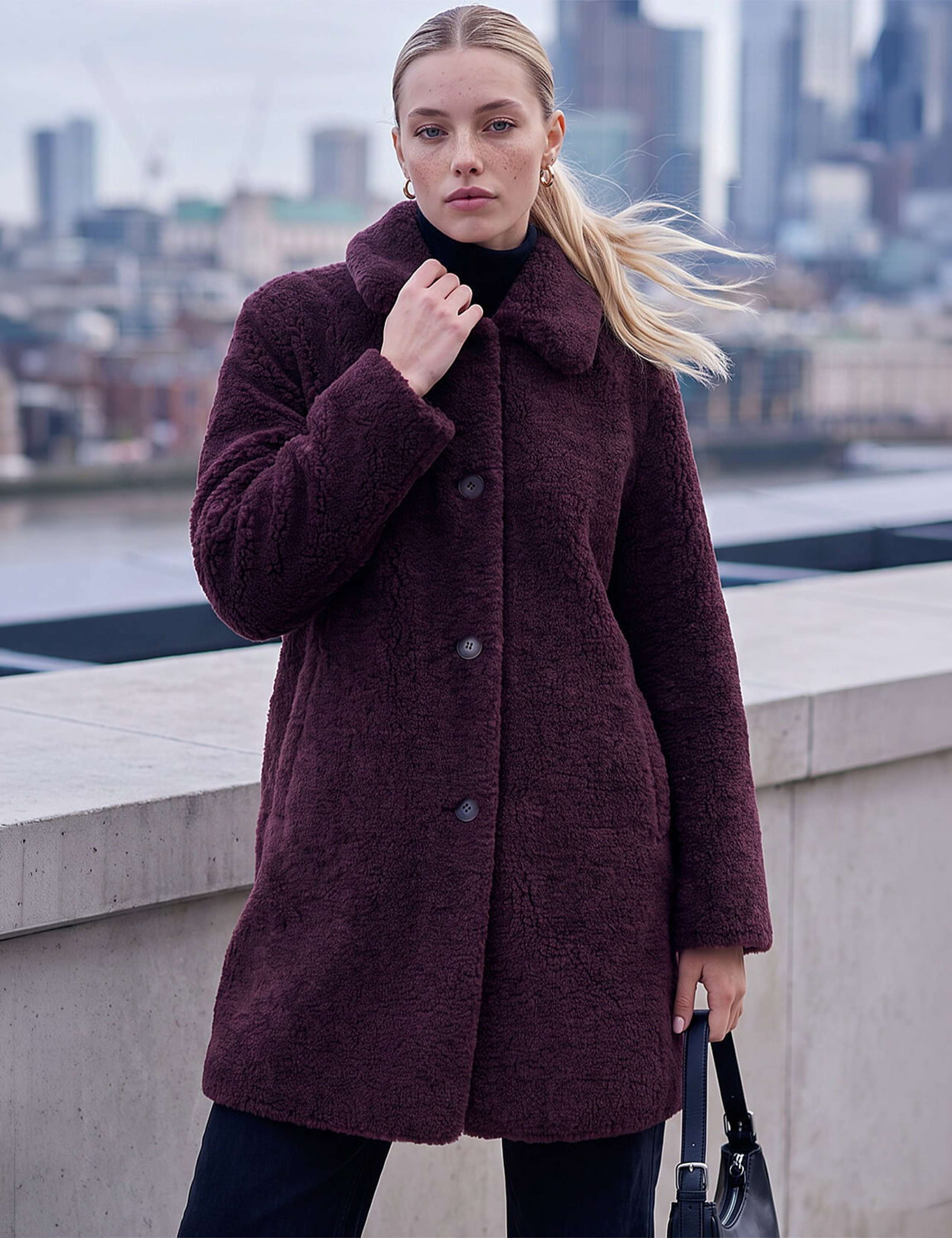 Petite Faux Shearling Single Breasted Coat