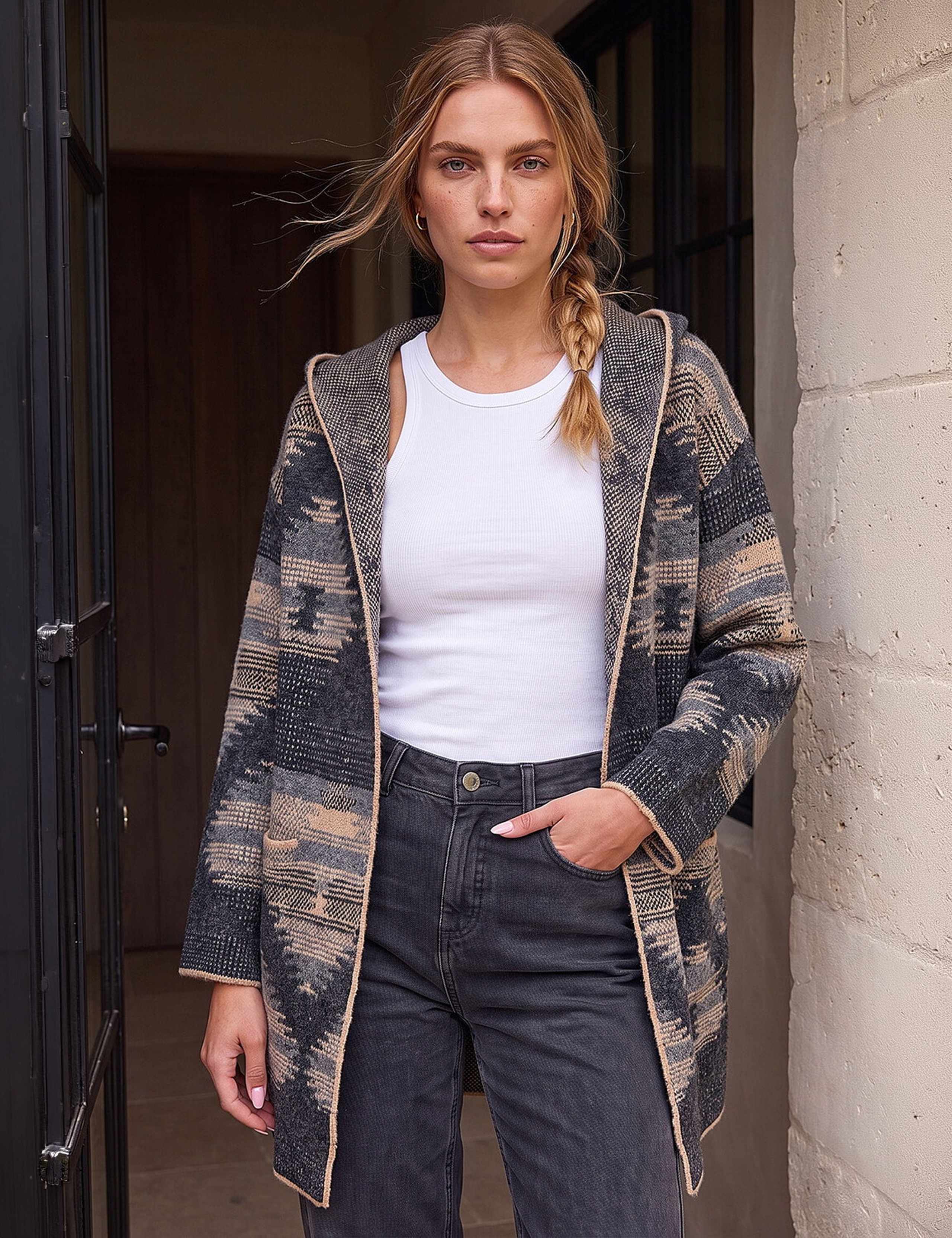 Jacquard Hooded Cardigan