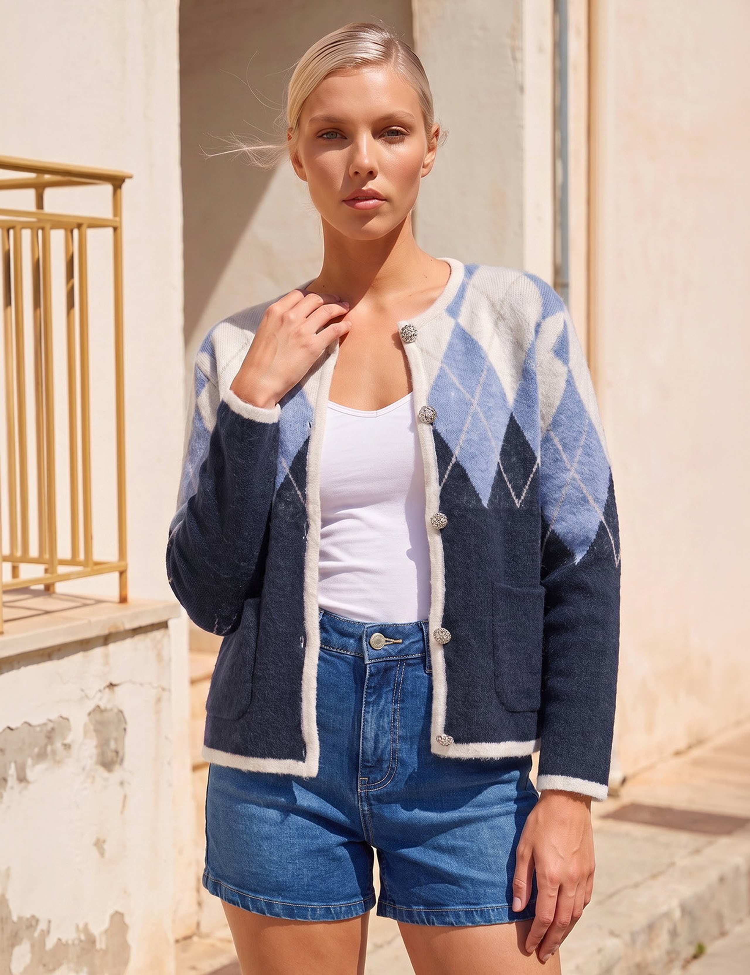 Petite Argyle Round Neck Button Front Cardigan