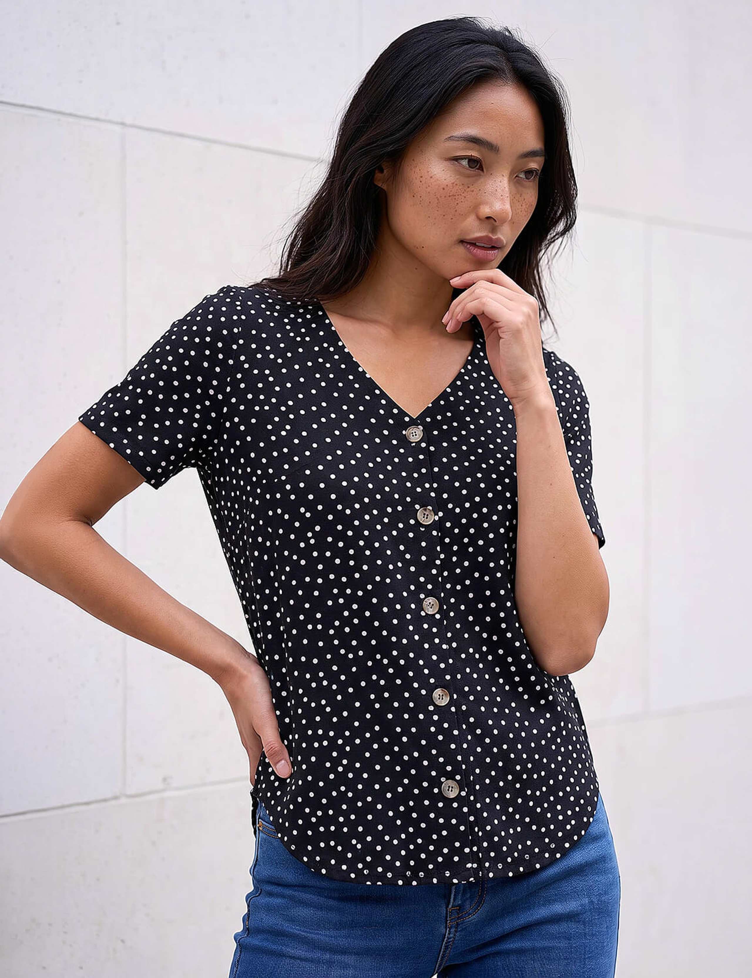 Petite V Neck Button Through Blouse