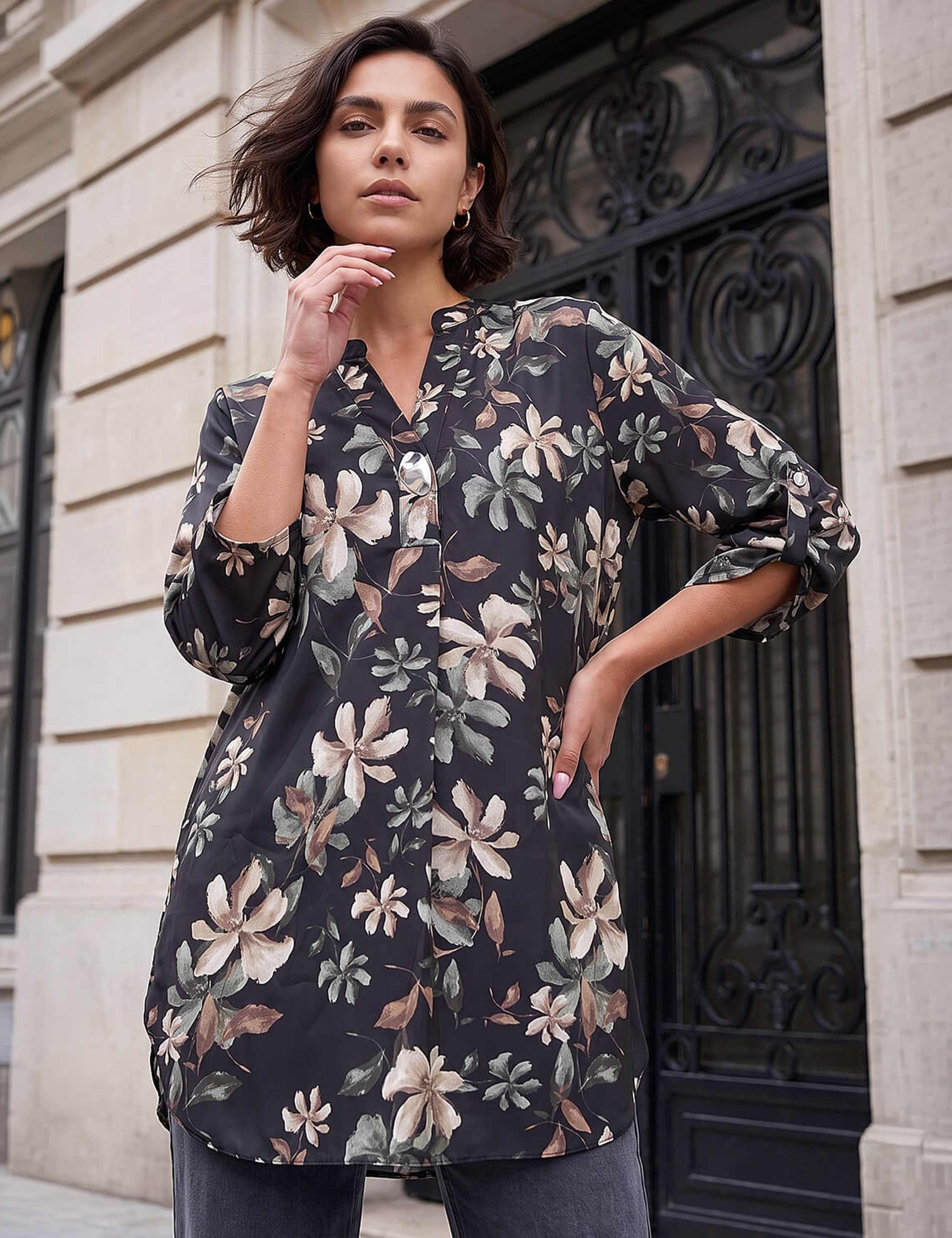 Floral Button Detail Longline Top