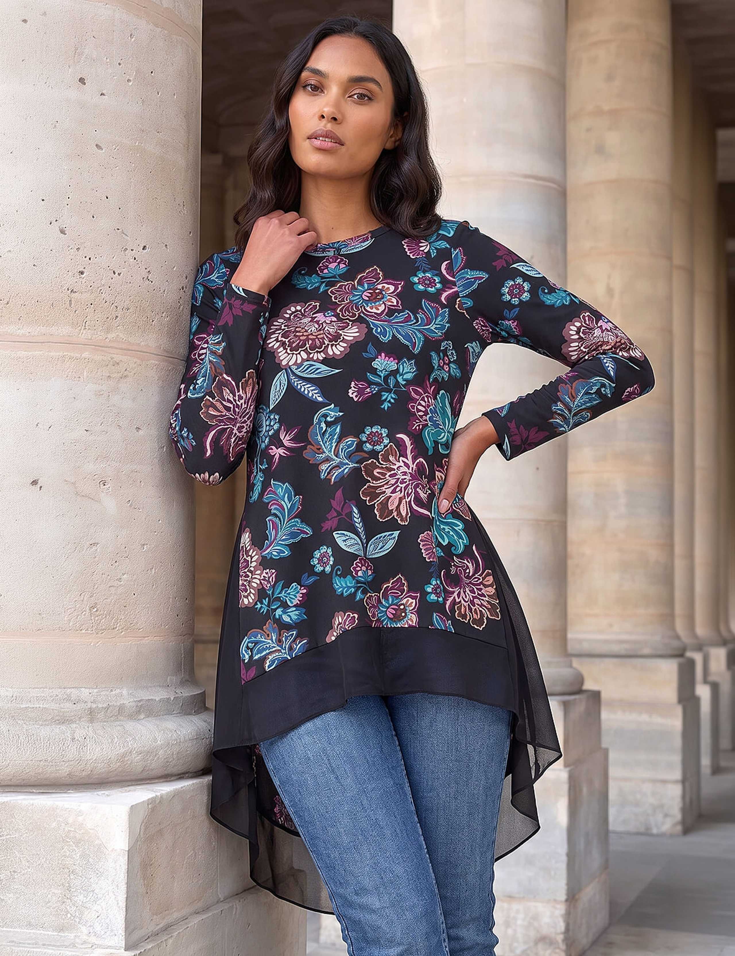 Floral Puff Print Collared Godet Hem Top
