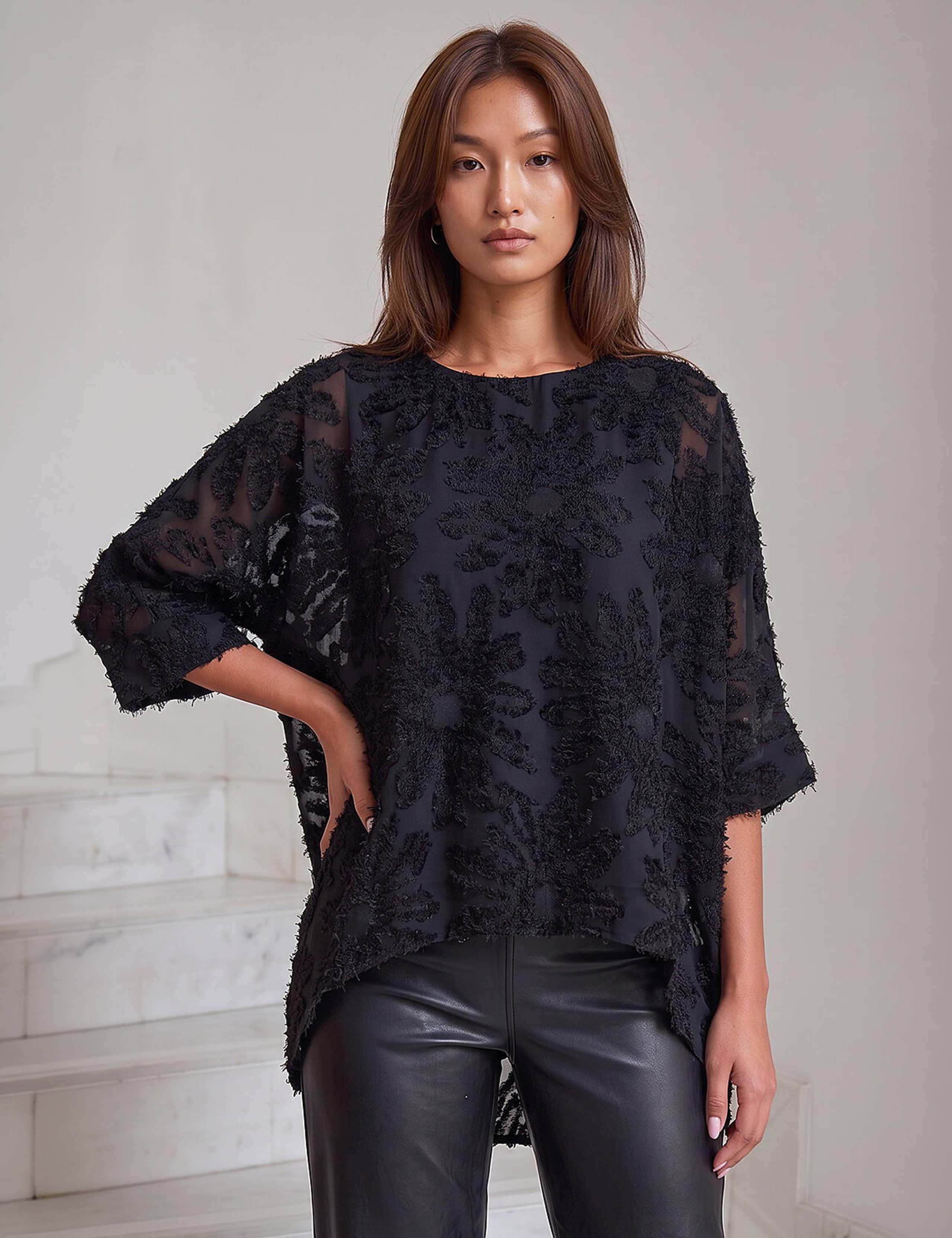 Textured Floral Round Neck Overlay Top