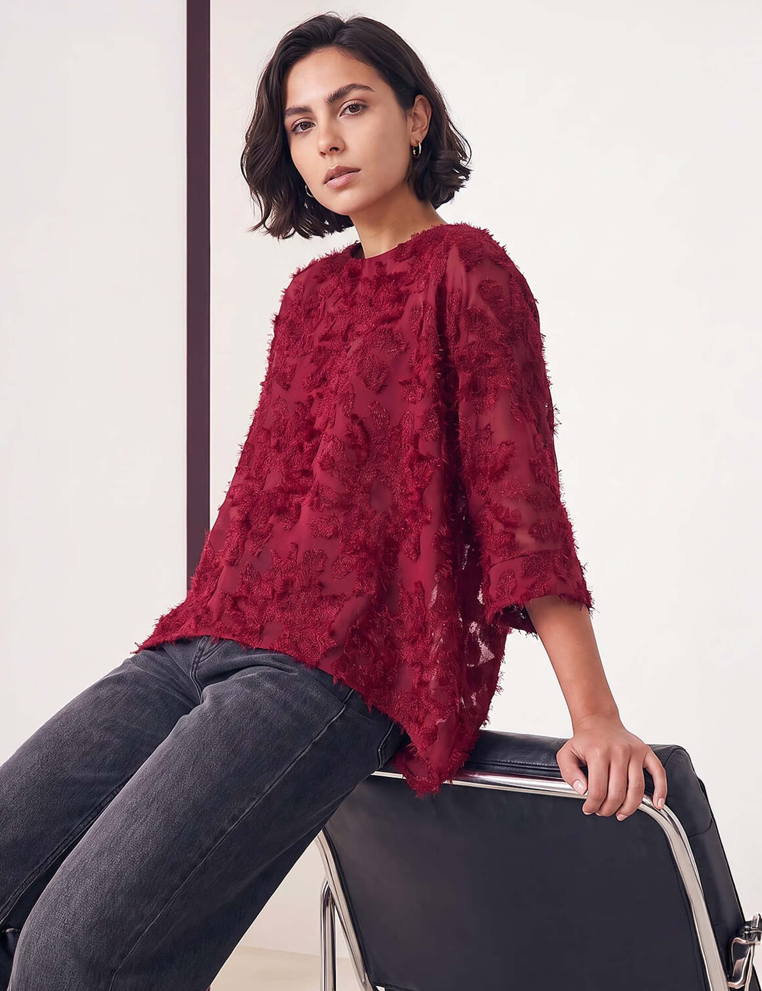 Textured Floral Round Neck Overlay Top