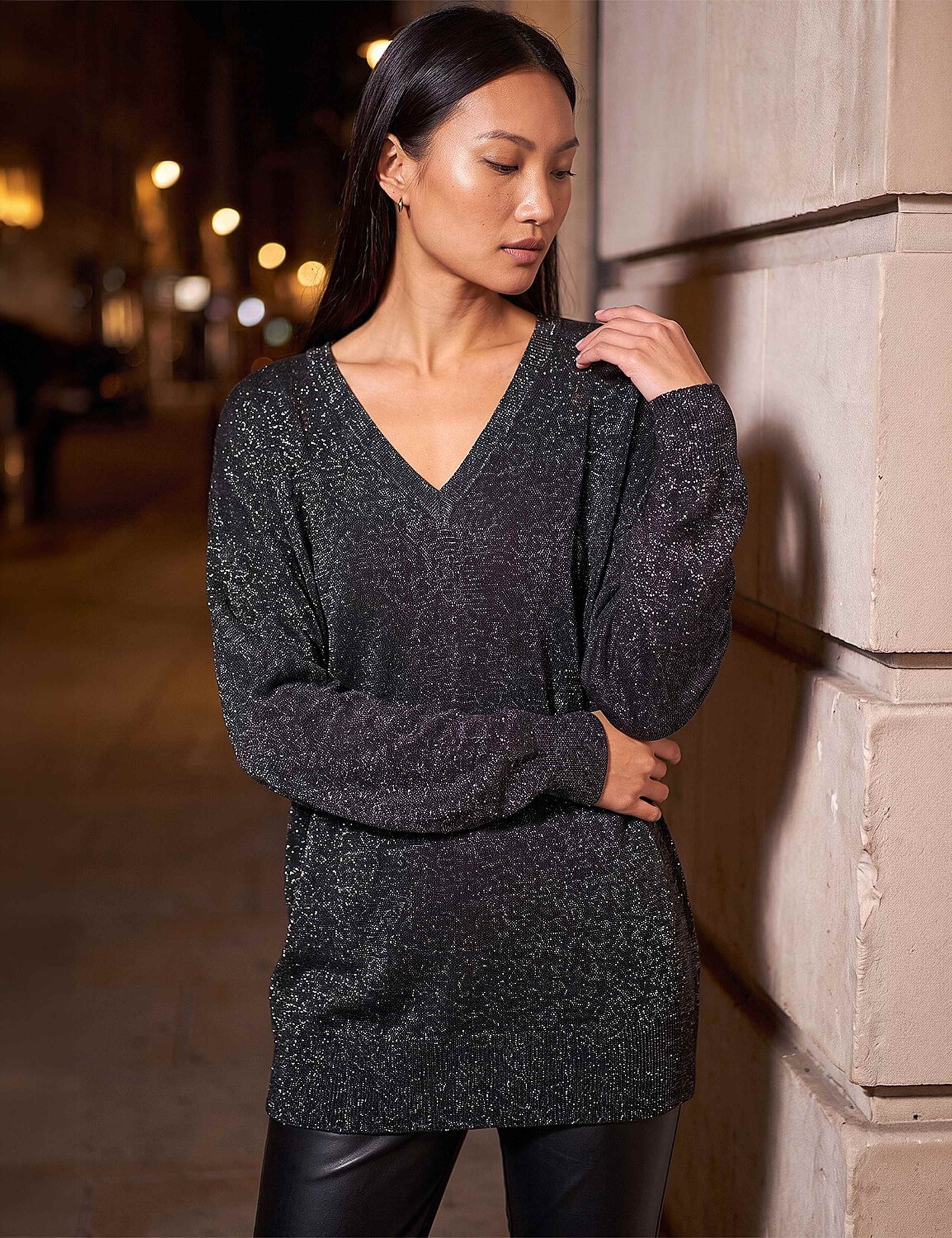 Rayon Rich Metallic V Neck Blouson Sleeve Relaxed Jumper