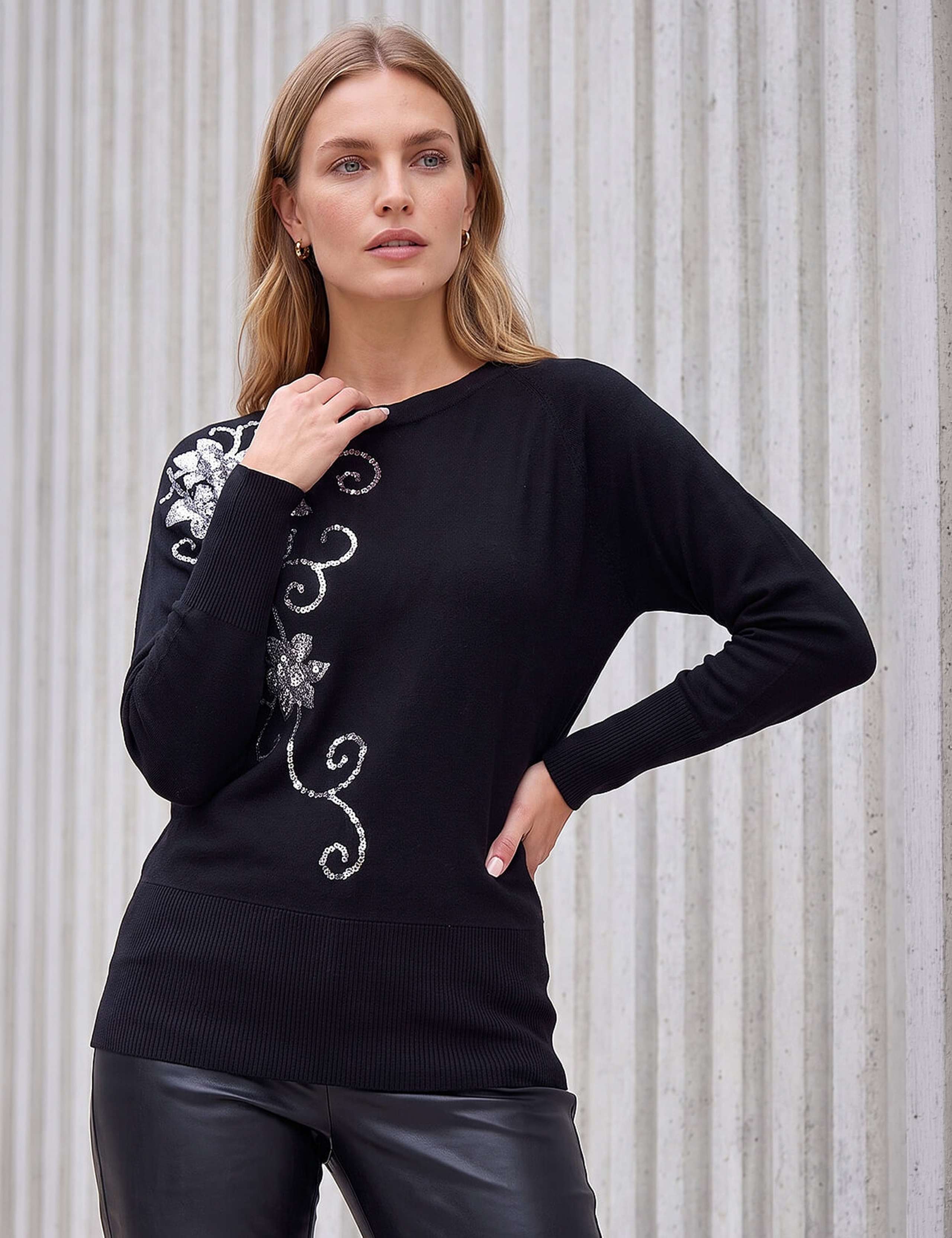 Rayon Rich Sequin Floral Batwing Sleeve Jumper