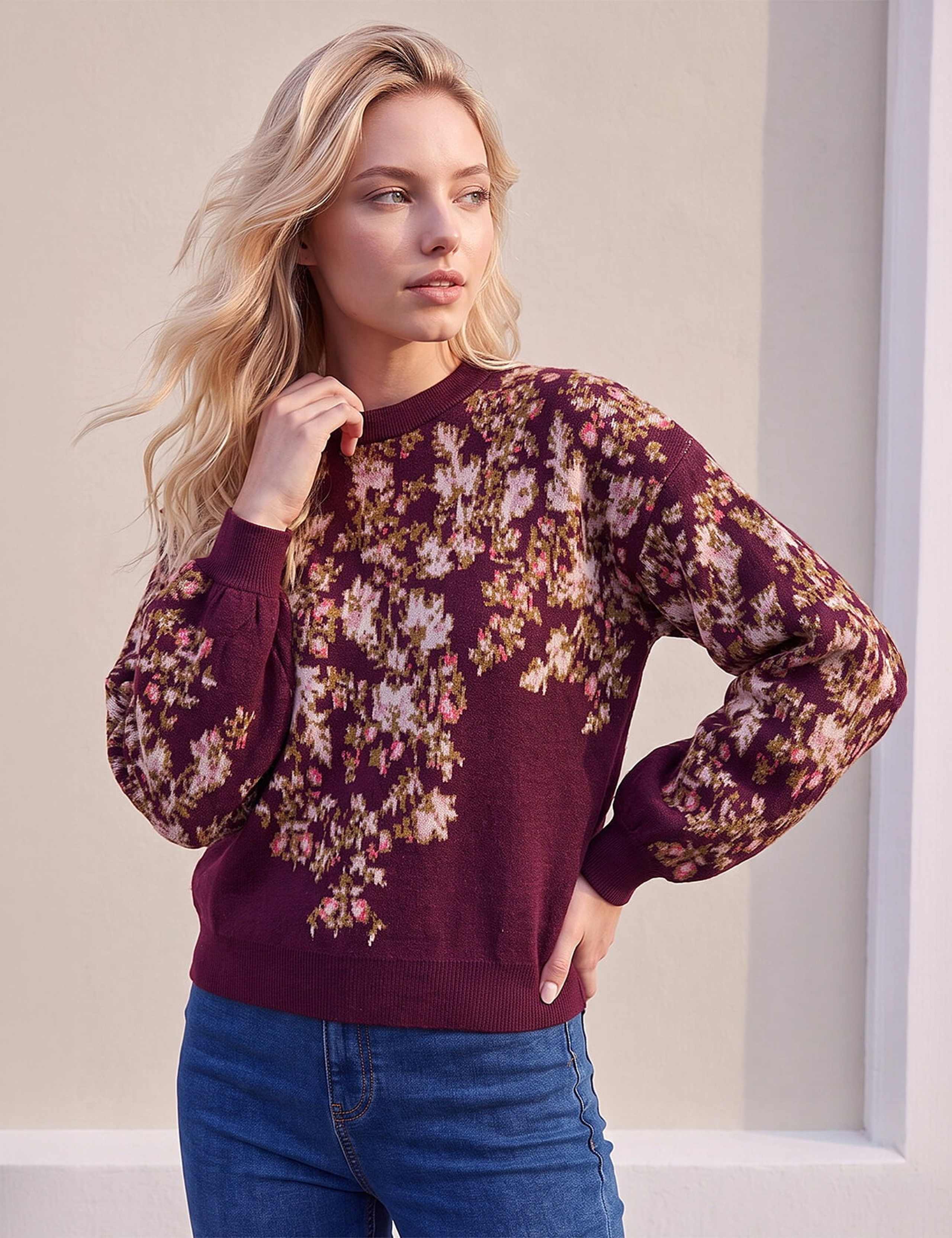 Rayon Blend Floral Balloon Sleeve Jumper
