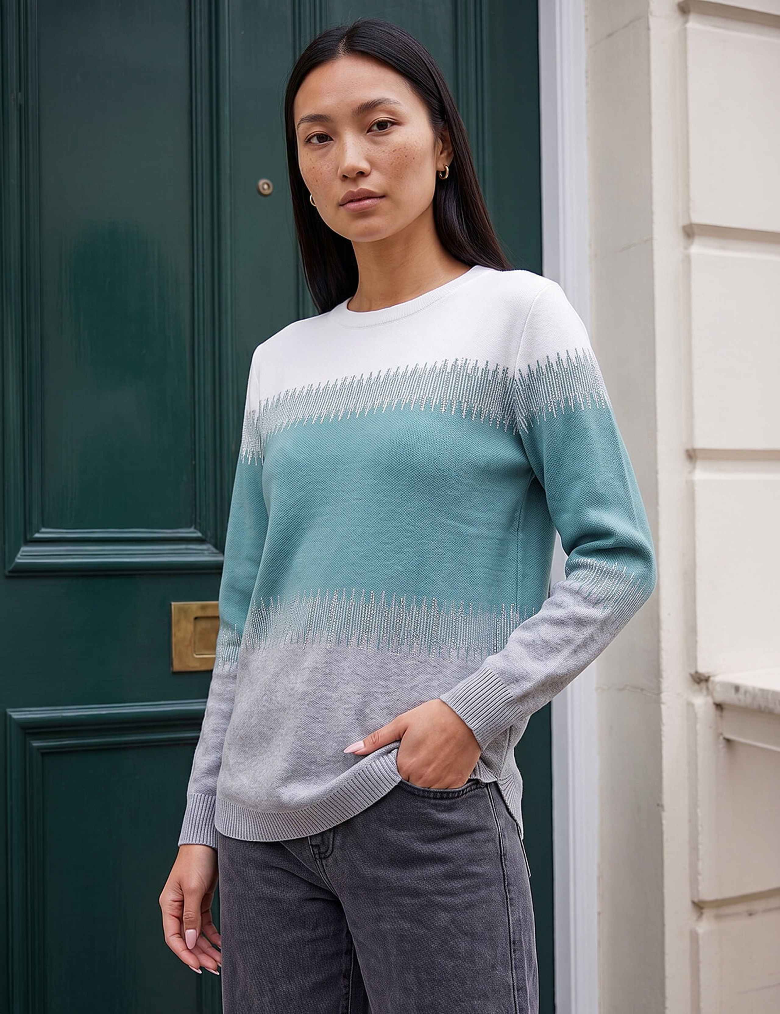 Rayon Blend Colour Block Embellished Jumper