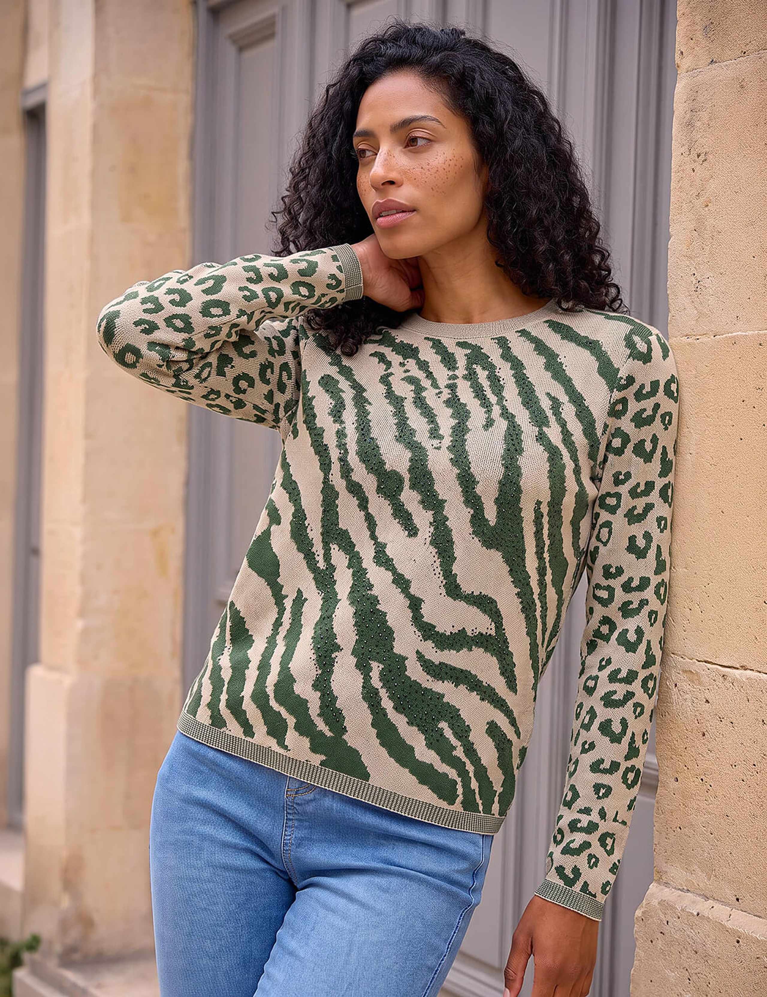 Rayon Rich Embellished Animal Print Crew Neck Jumper