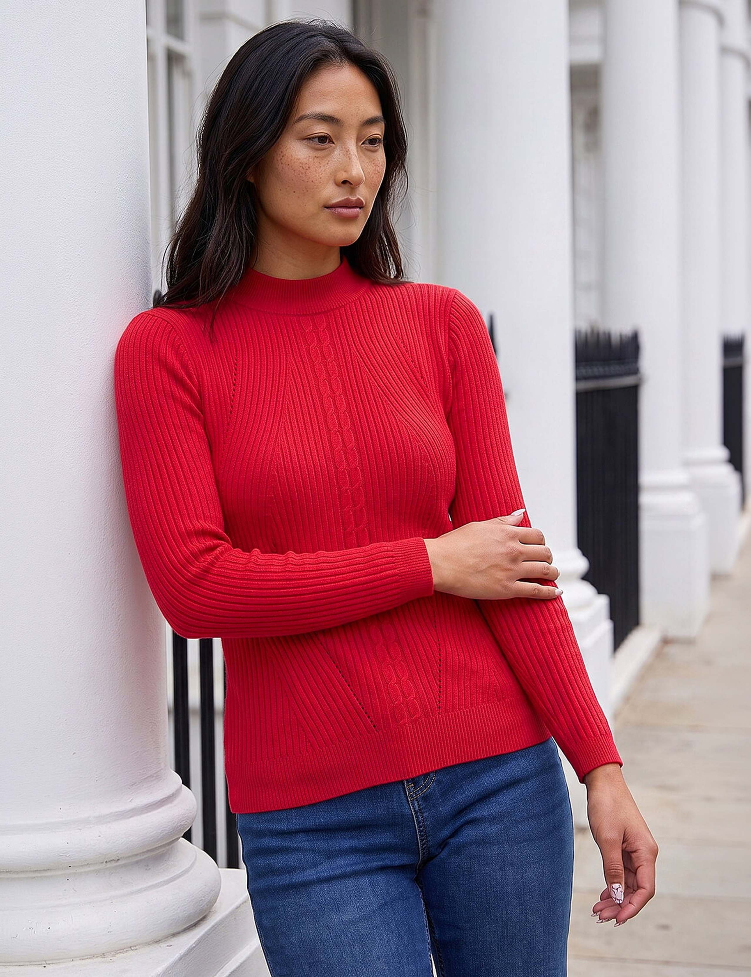 Rayon Blend Cable Knit Roll Neck Jumper