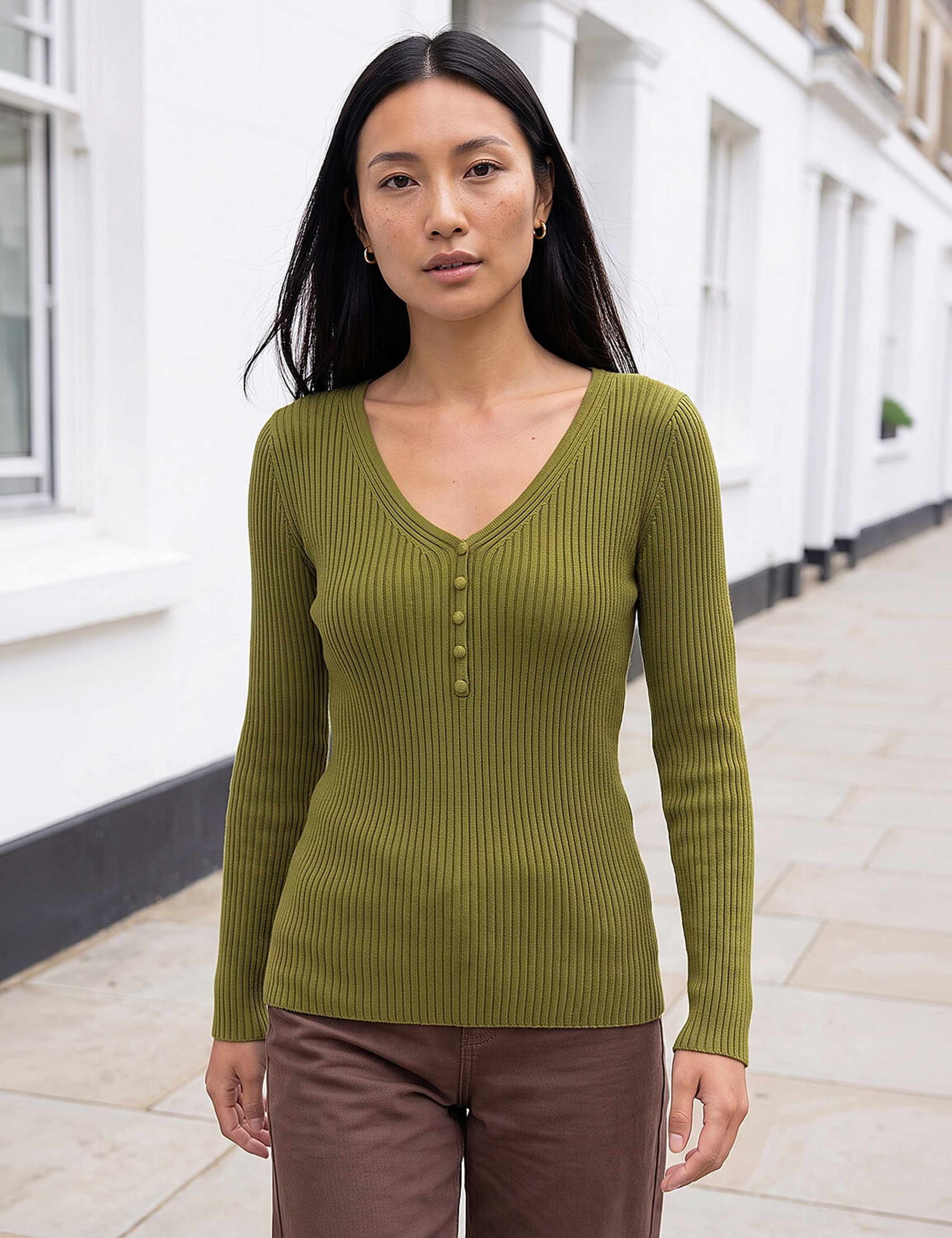 Ribbed Button Detail Knitted Top