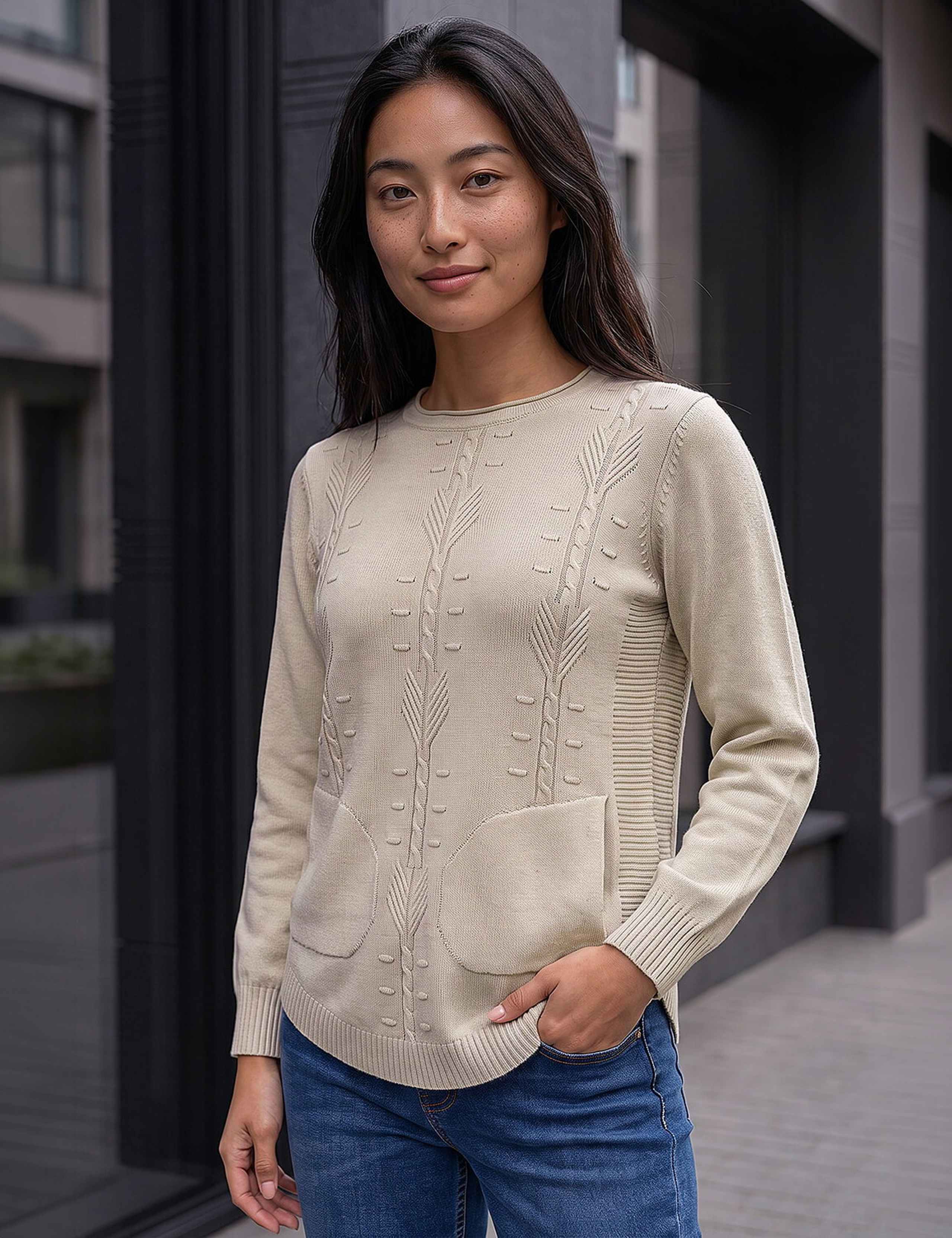 Rayon Blend Cable Knit Pocket Detail Jumper