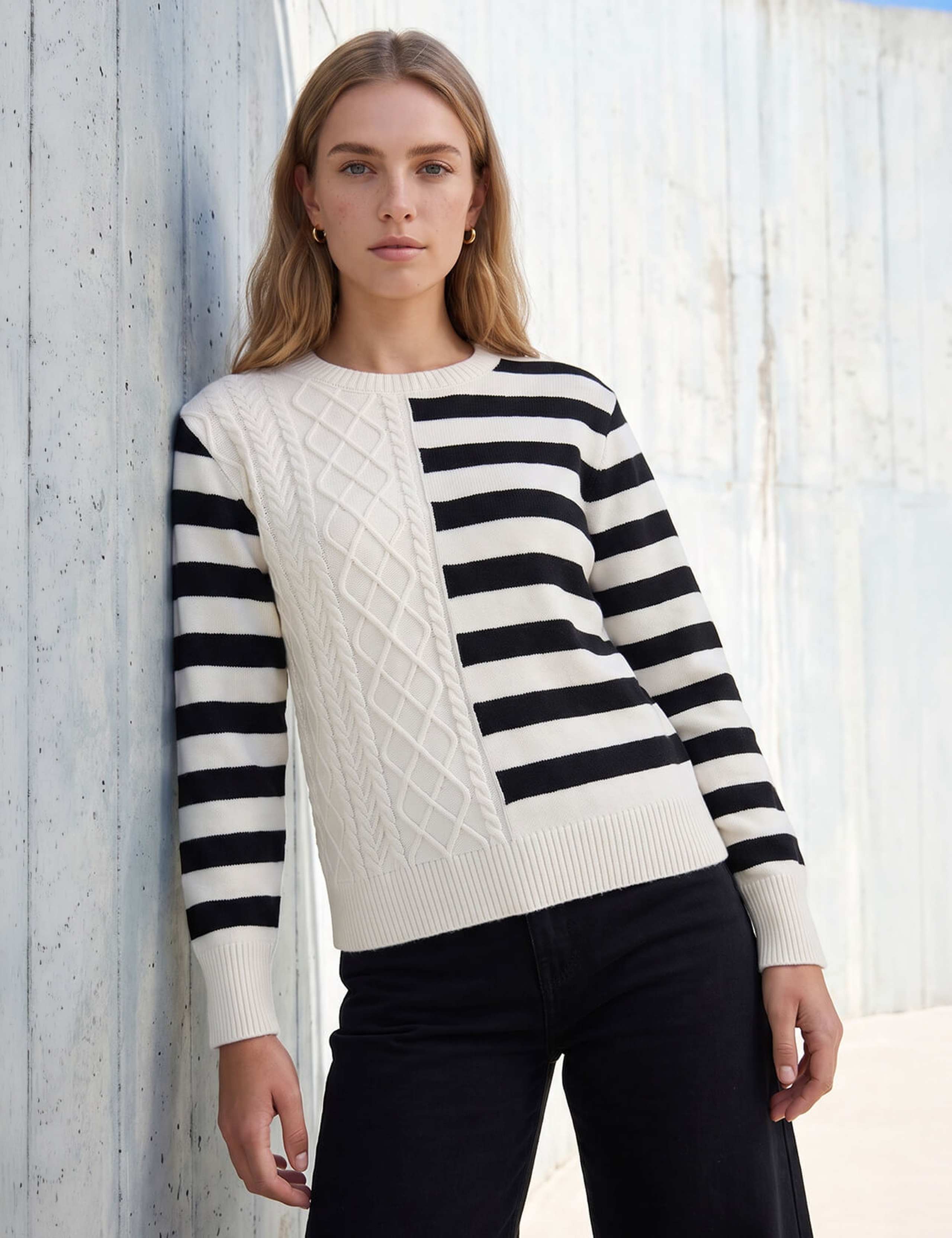 Rayon Blend Cable Knit Striped Jumper