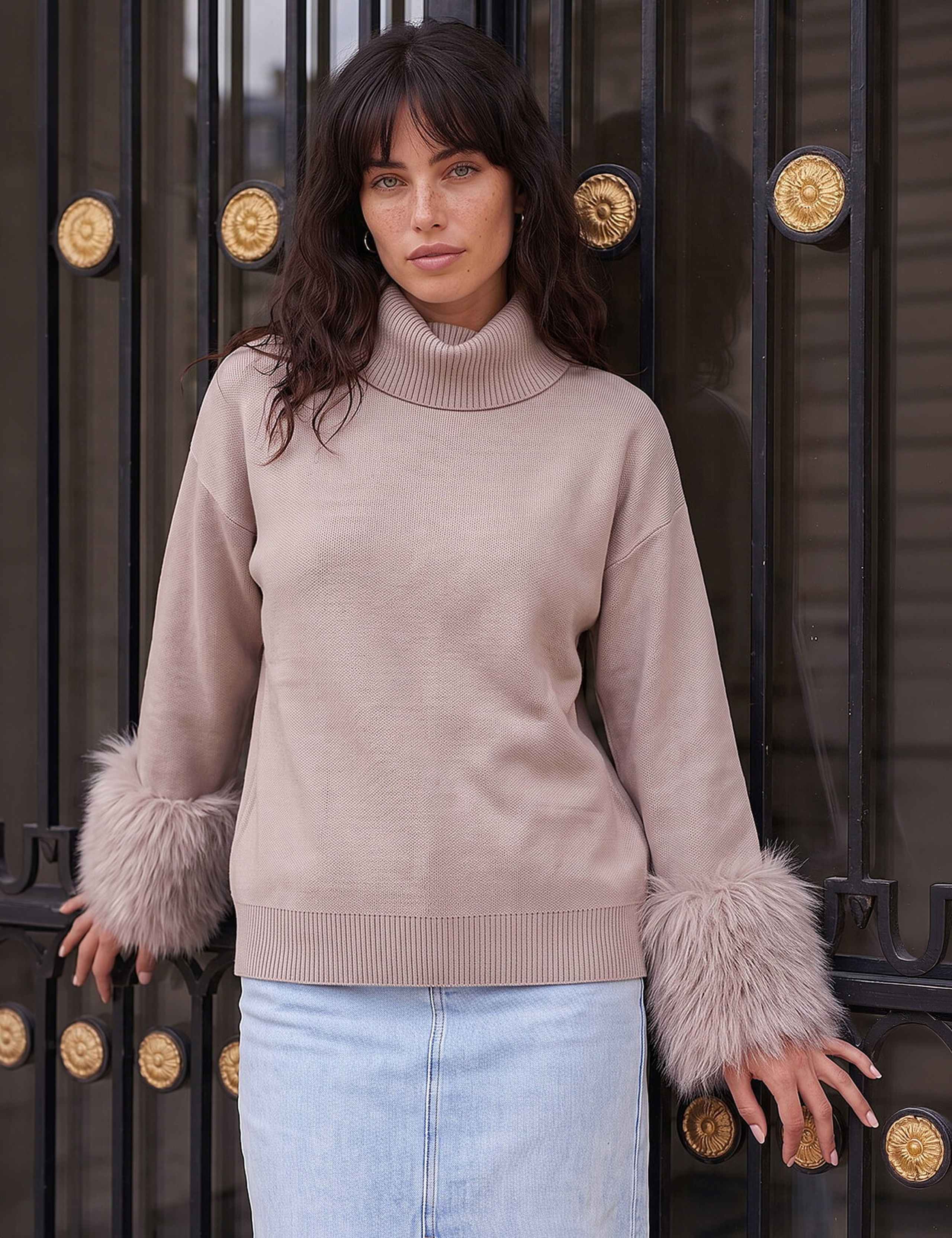 Rayon Blend Faux Fur Trim Jumper