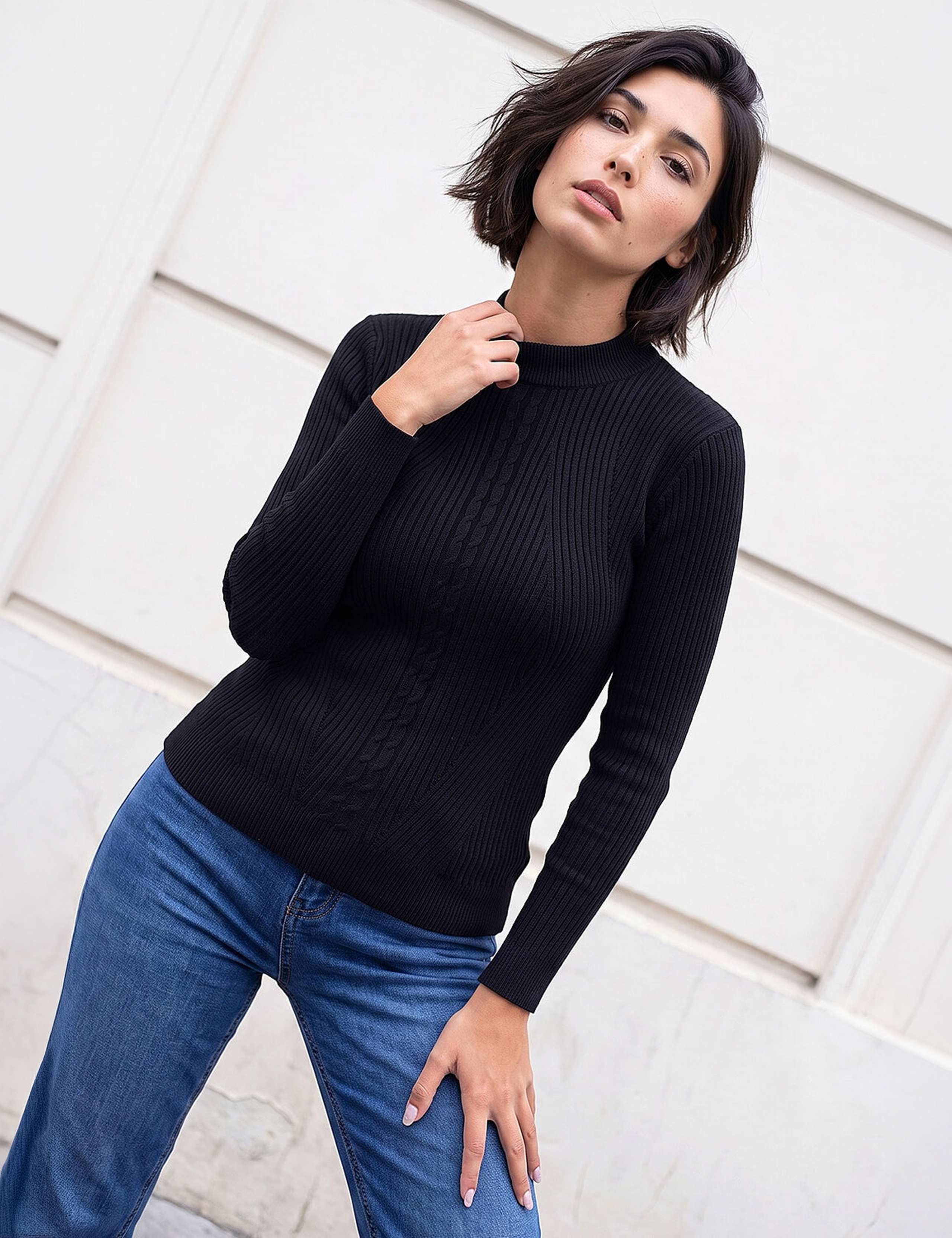 Rayon Blend Cable Knit Roll Neck Jumper