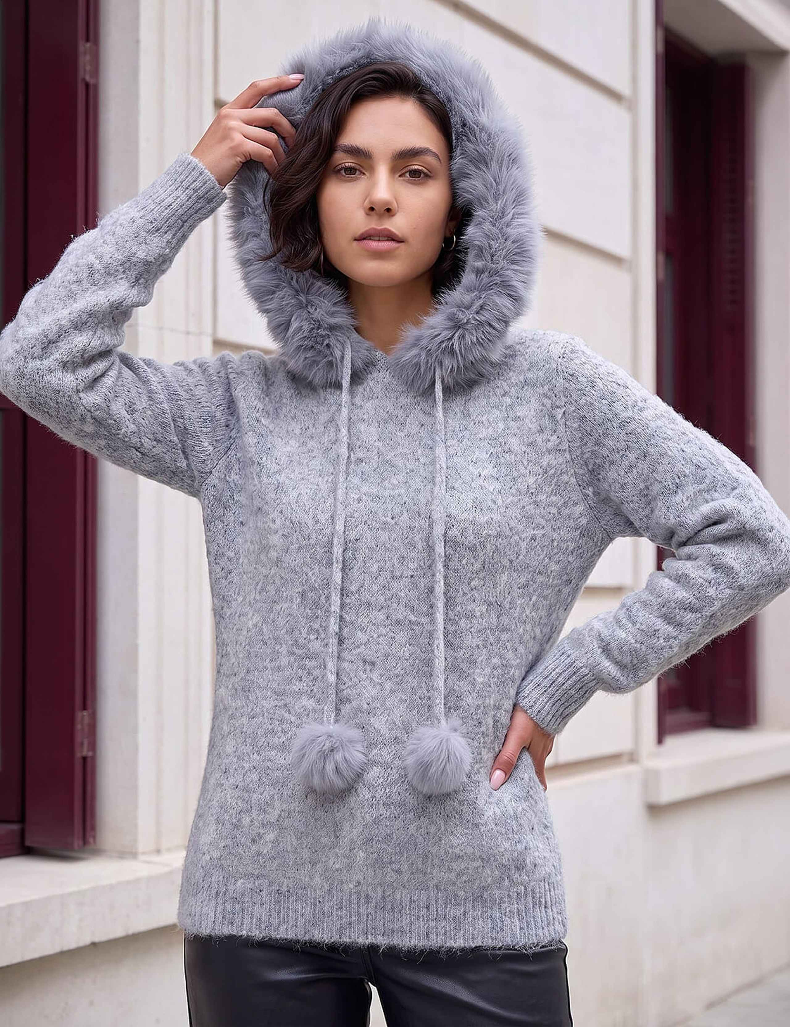 Faux Fur Hooded Neck Jumper With Wool