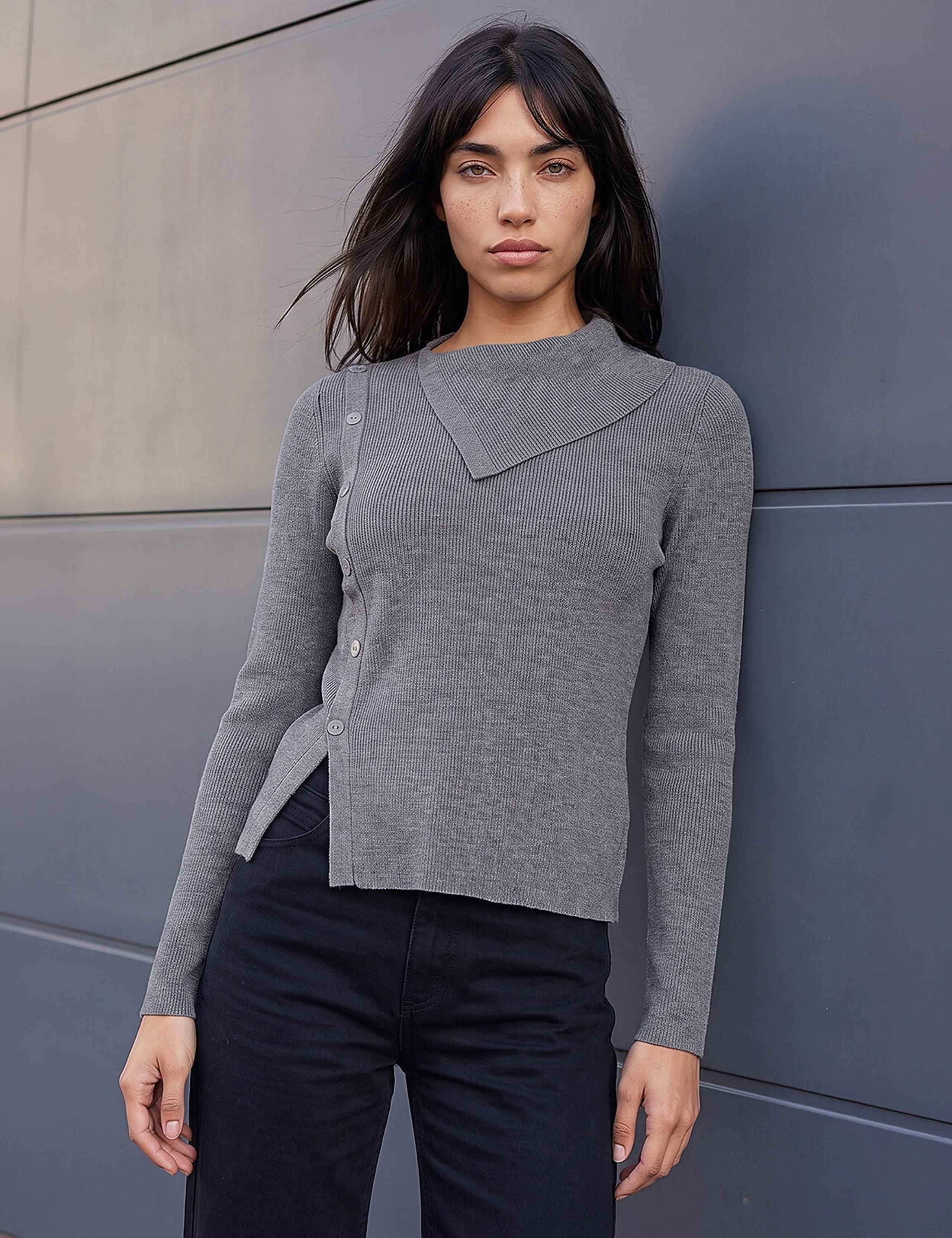 Rayon Blend Open Neck Button Detail Jumper