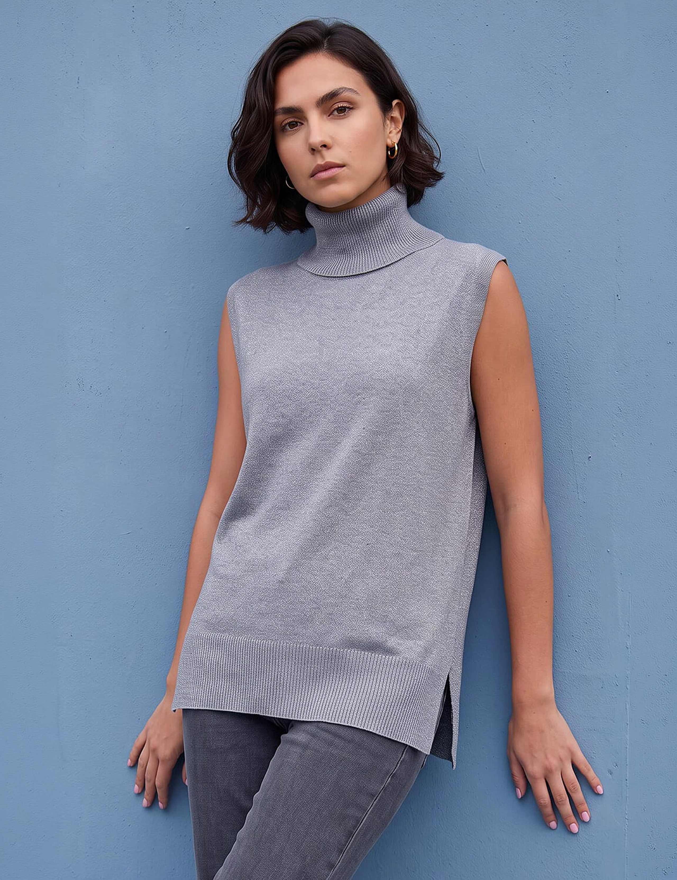 Rayon Blend Metallic Roll Neck Jumper