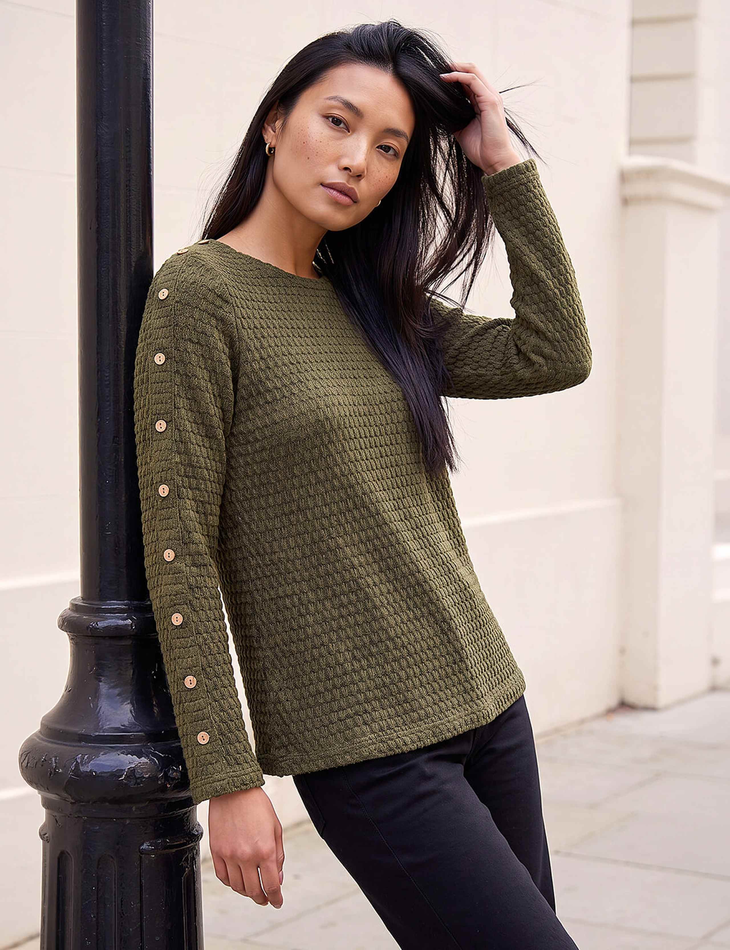 Textured Round Neck Button Detail Top