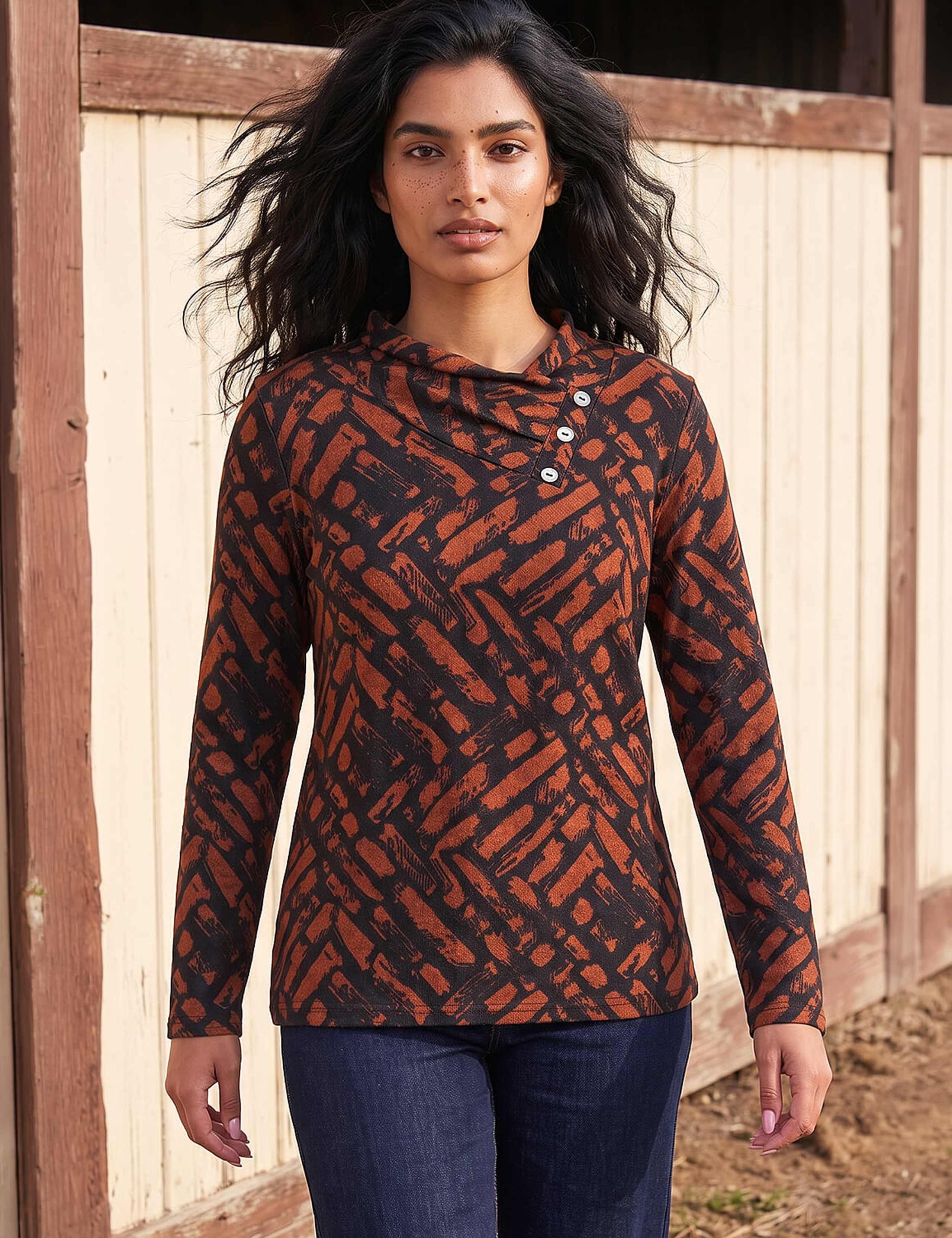 Abstract Print Wrap Neck Button Detail Tunic