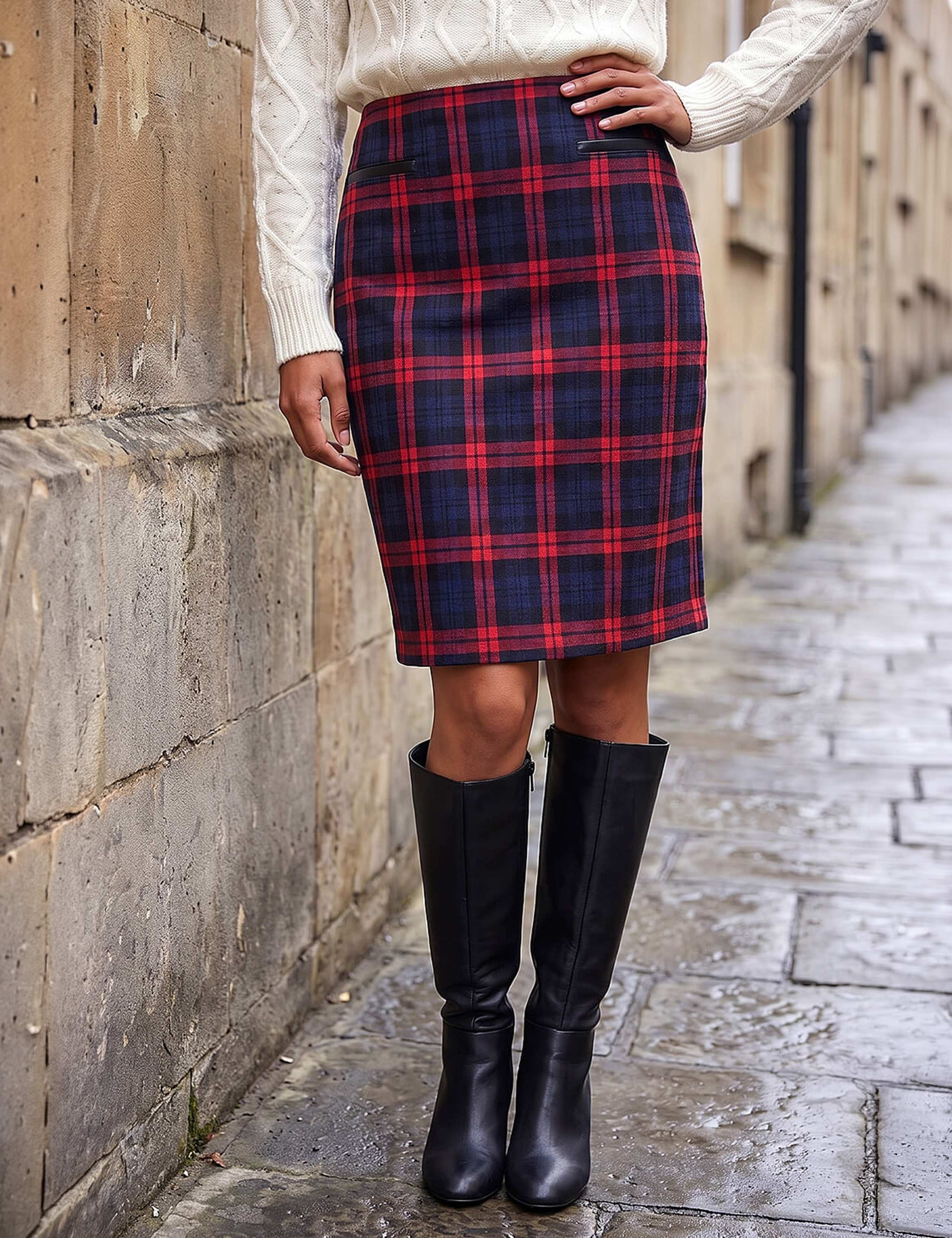 Check Print Stretch Pencil Skirt