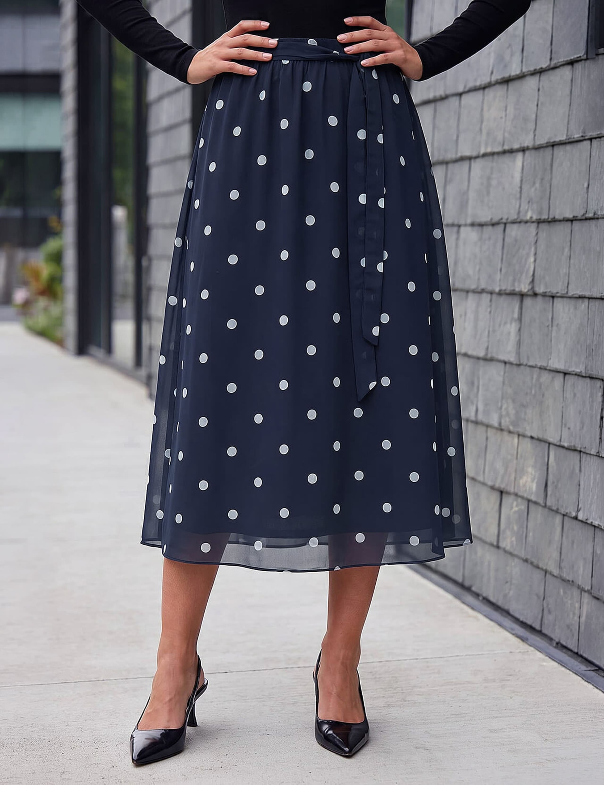 Polka Dot Belted A-Line Skirt