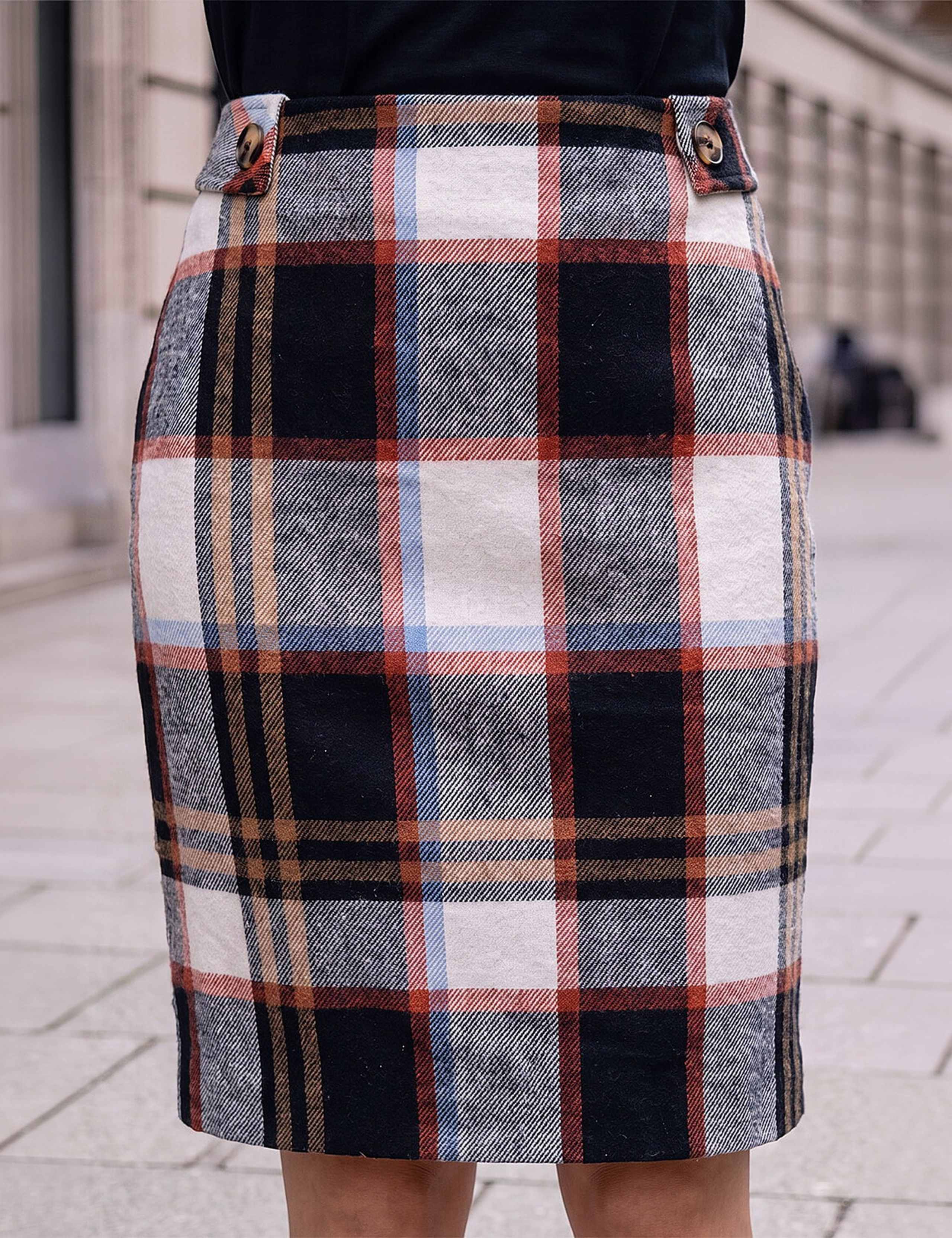 Button Tab Brushed Check Skirt