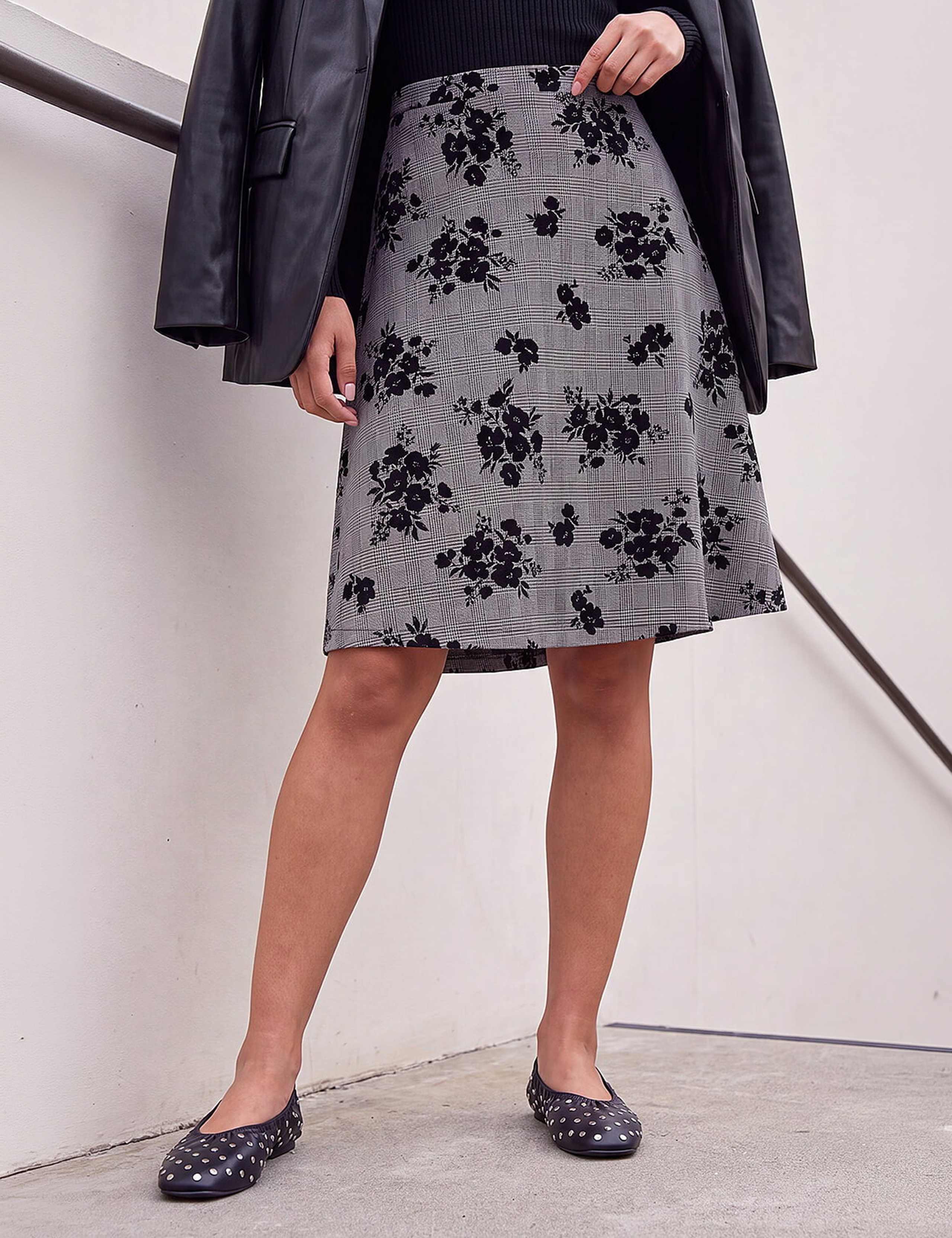 Check Floral Skater Skirt