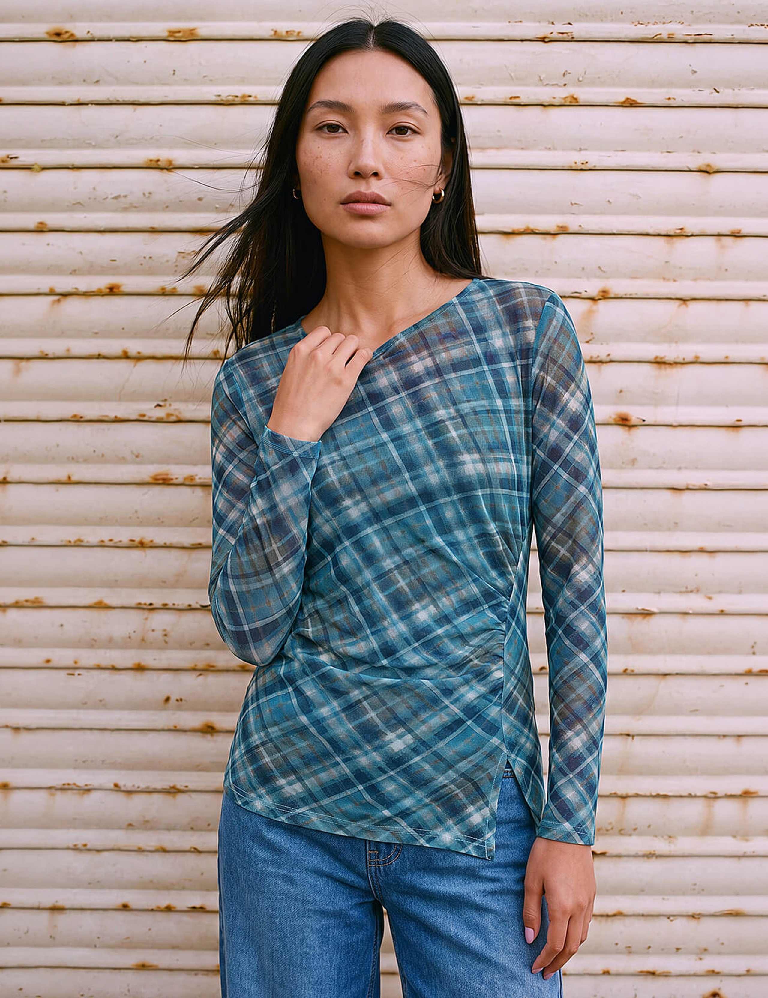 Checked Regular Fit Gathered Top
