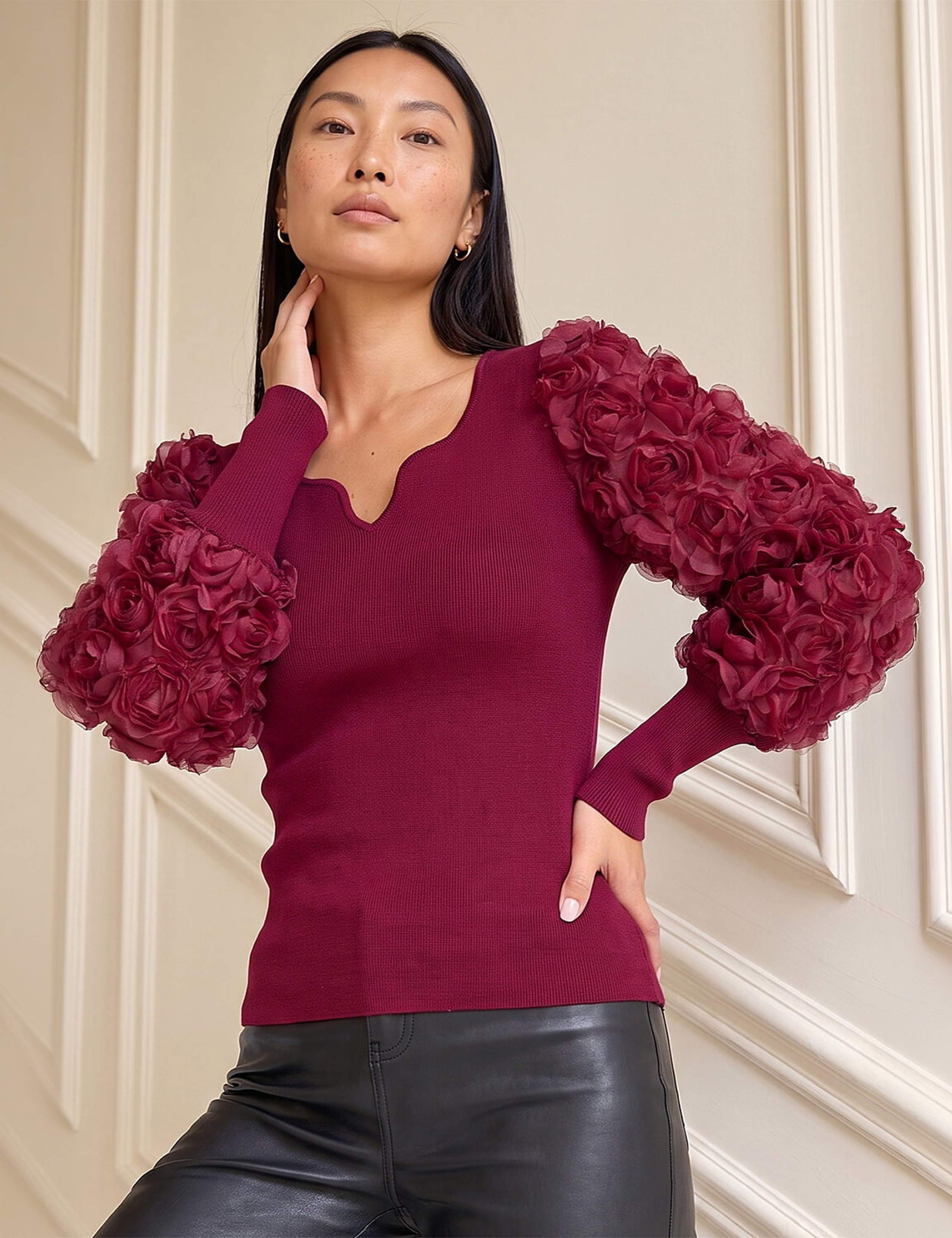 Lace Sleeve V Neck Knitted Top