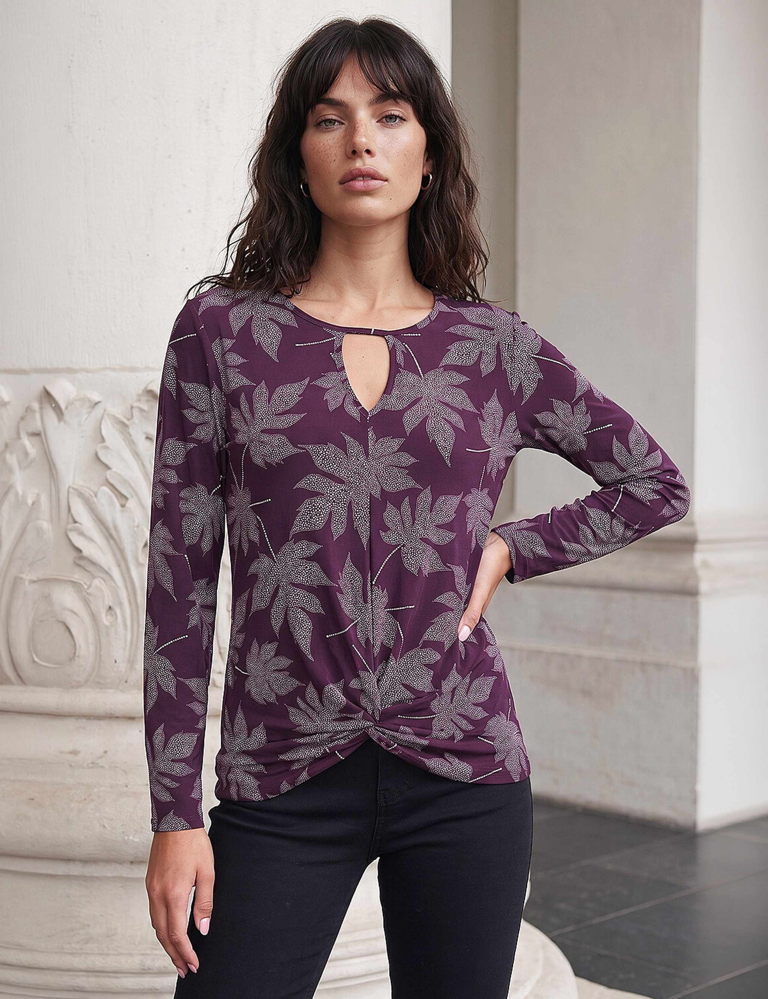 Leaf Print Keyhole Neck Top