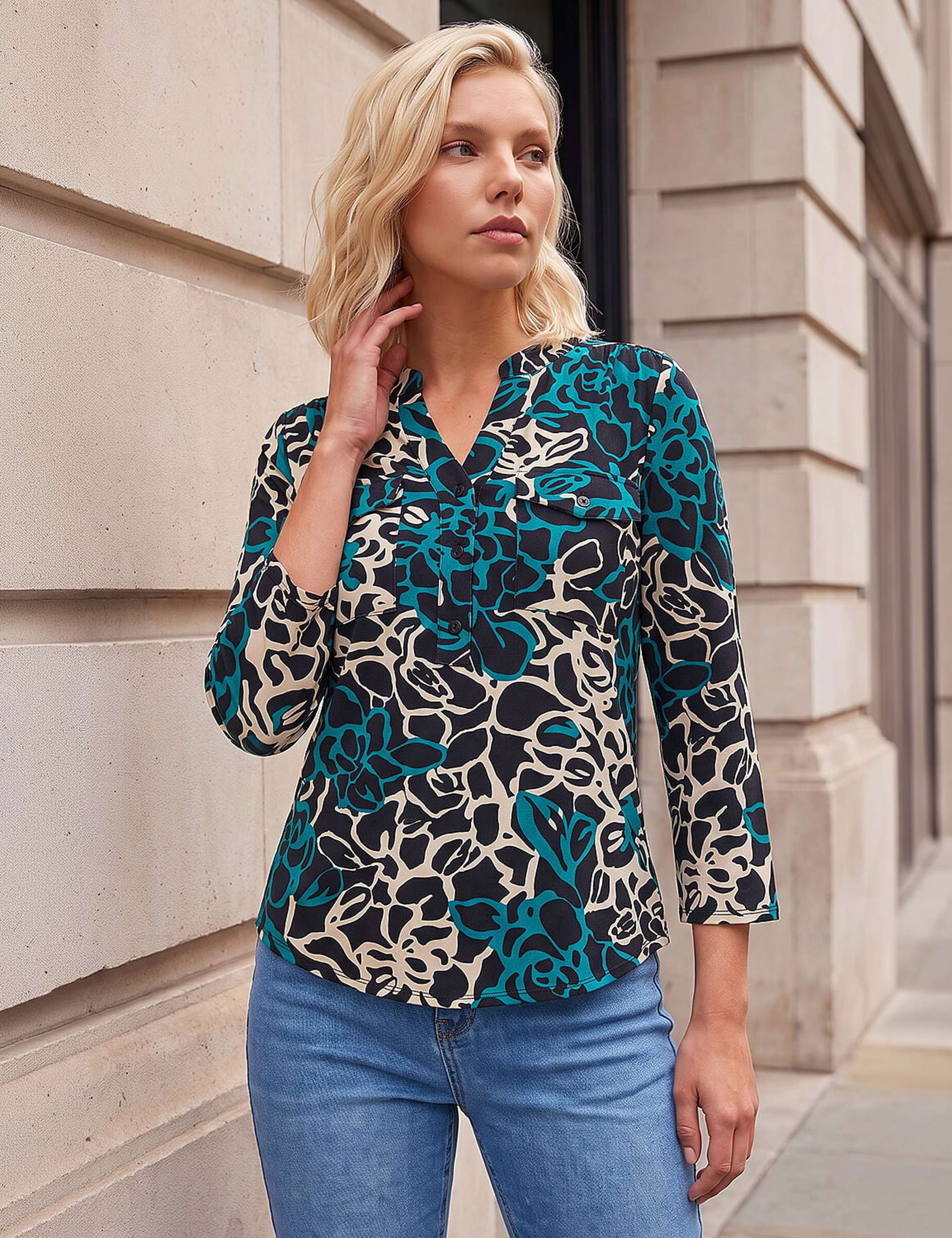 Petite Abstract Print Button Top
