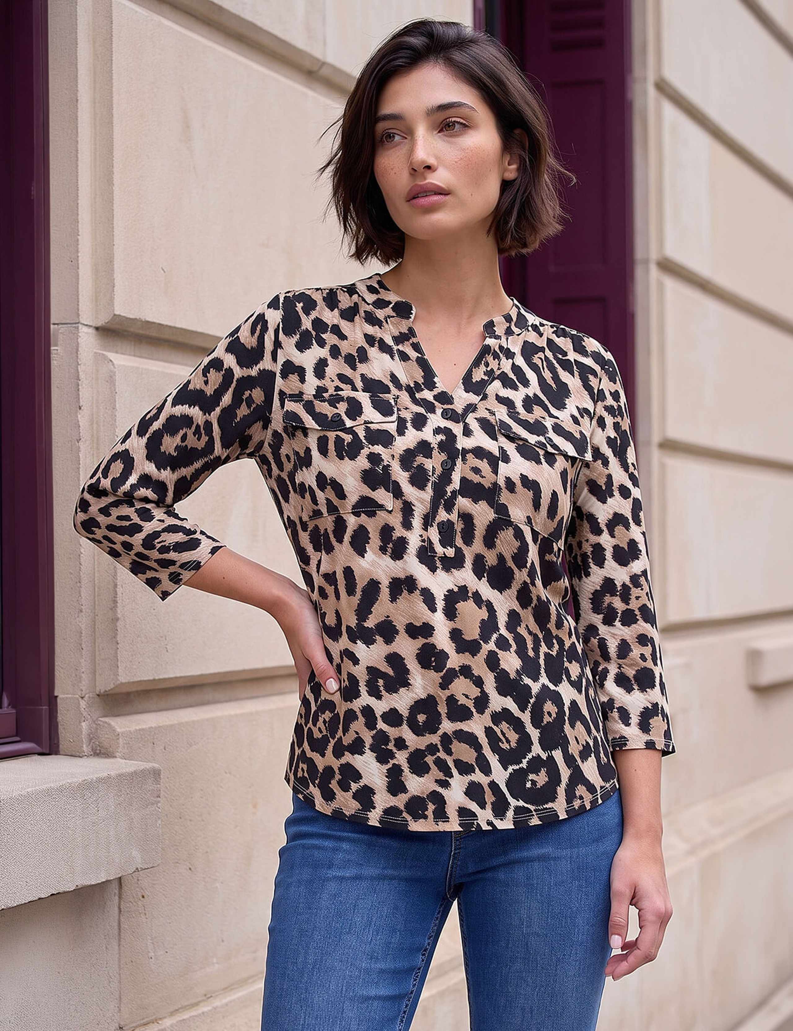 Petite Animal Print Button Top