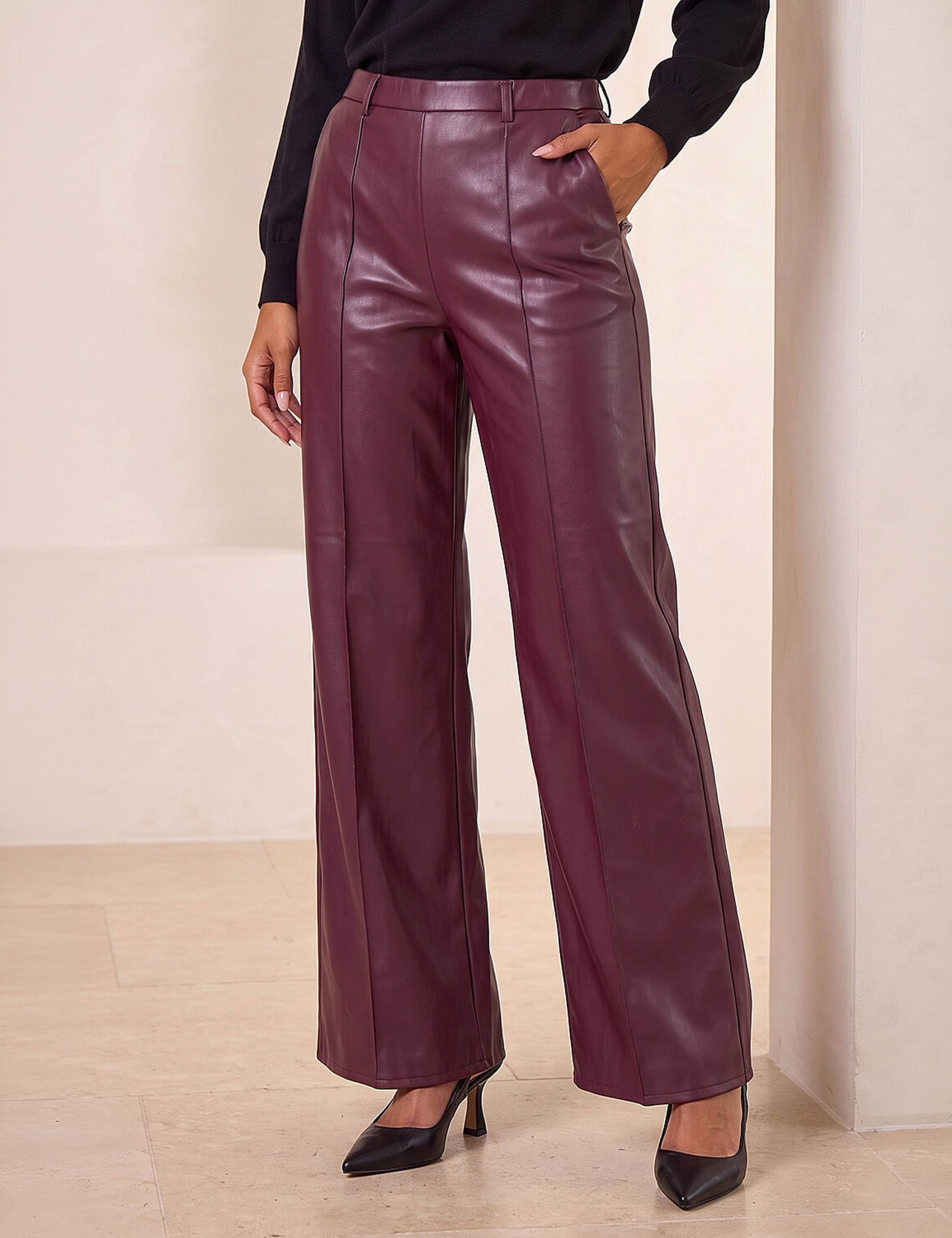 Leather Look Pintuck Pull On Wide Leg Trousers