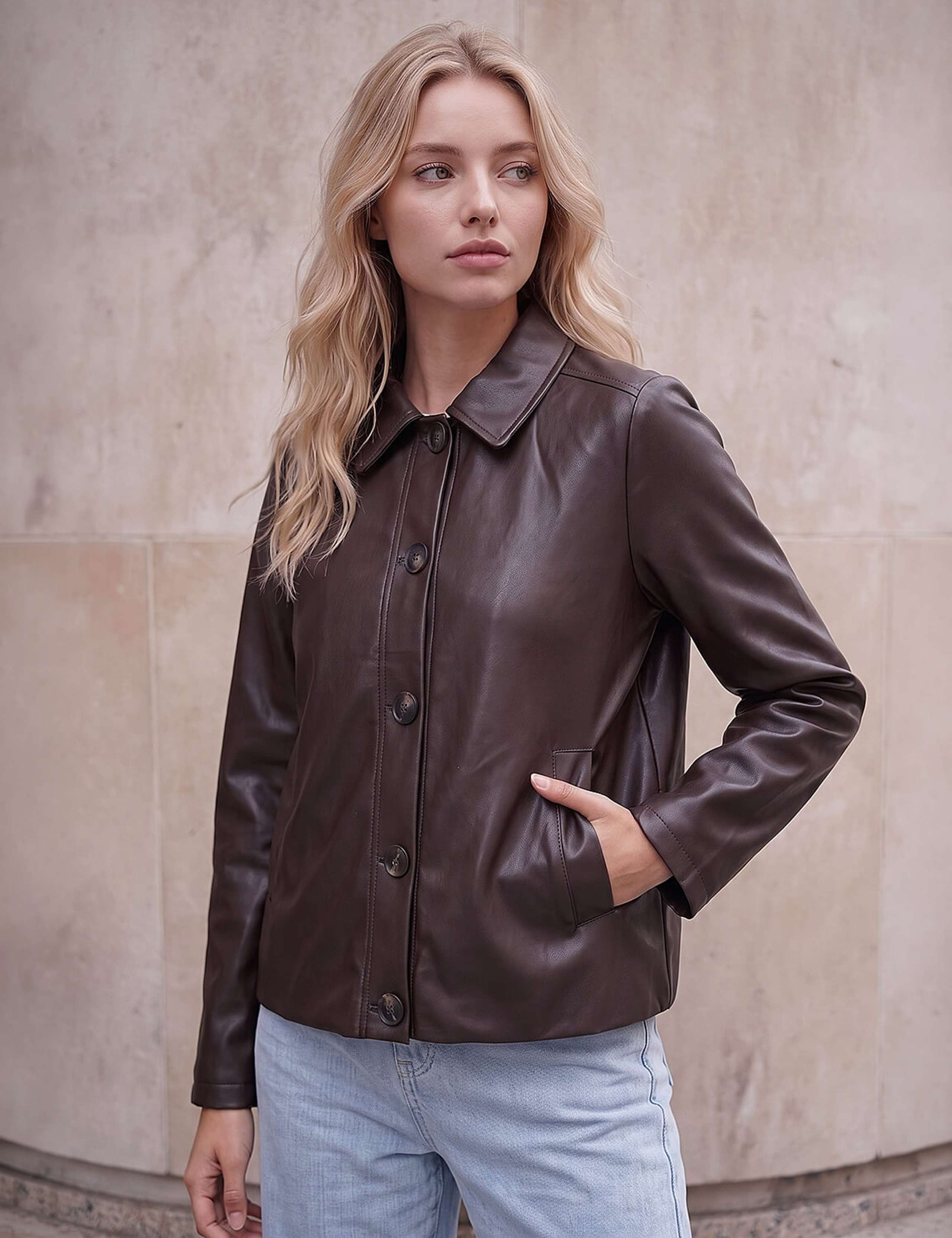 Petite Faux Leather Button Jacket