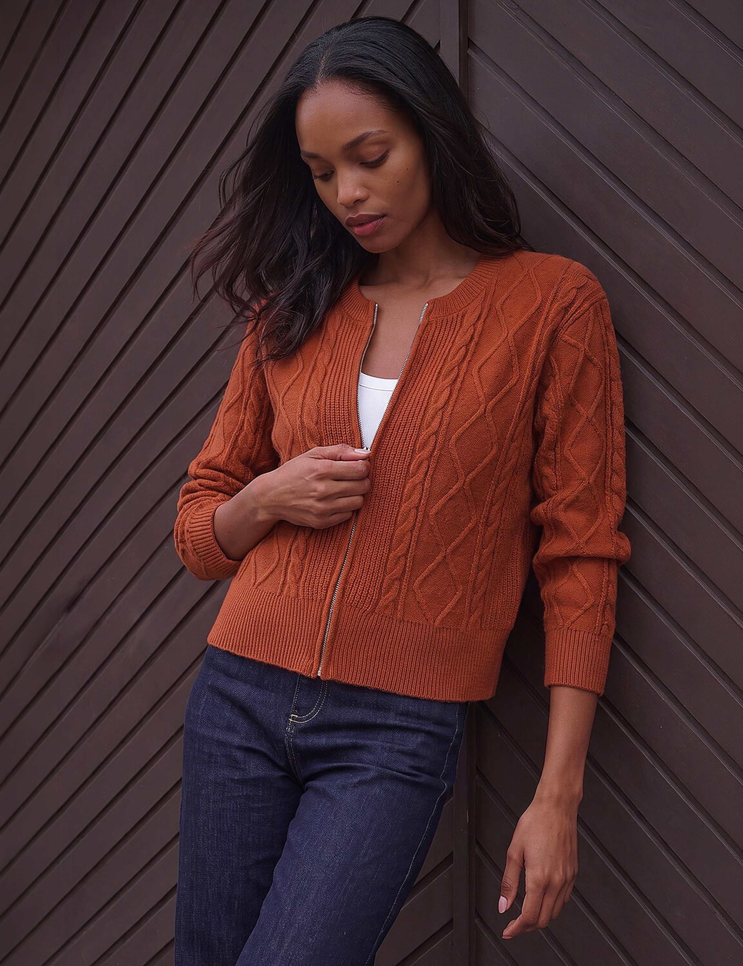 Knitted Cable Cropped Bomber Jacket