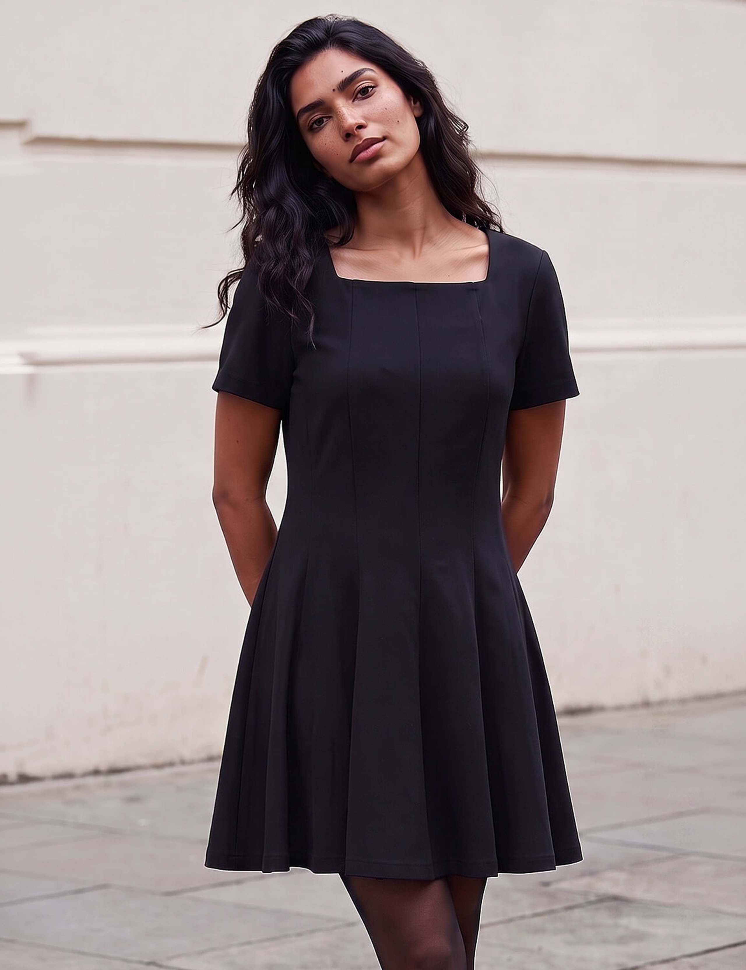 Square Neck Panel Zip Up Knee Length Dress