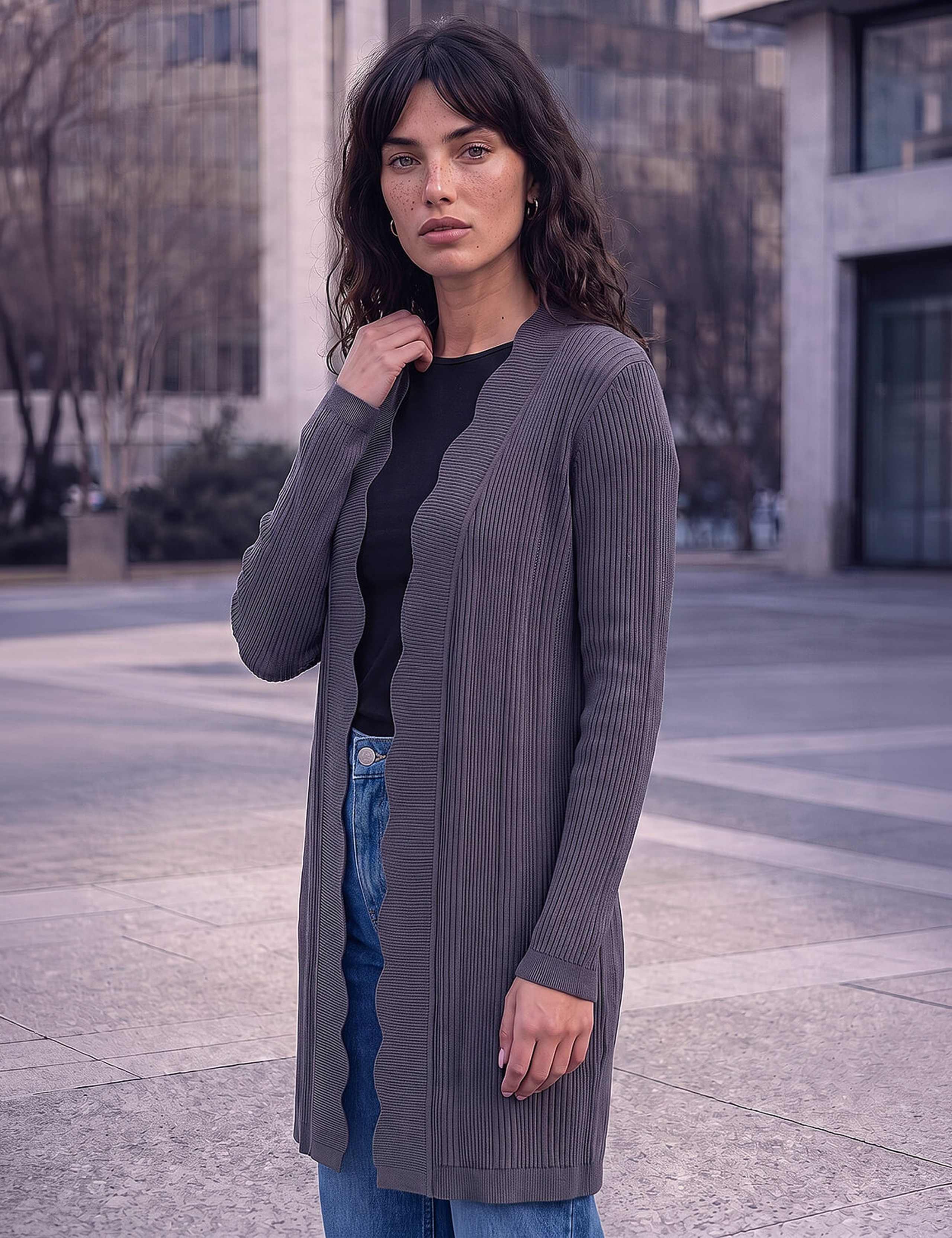 Ribbed Scallop Edge Cardigan
