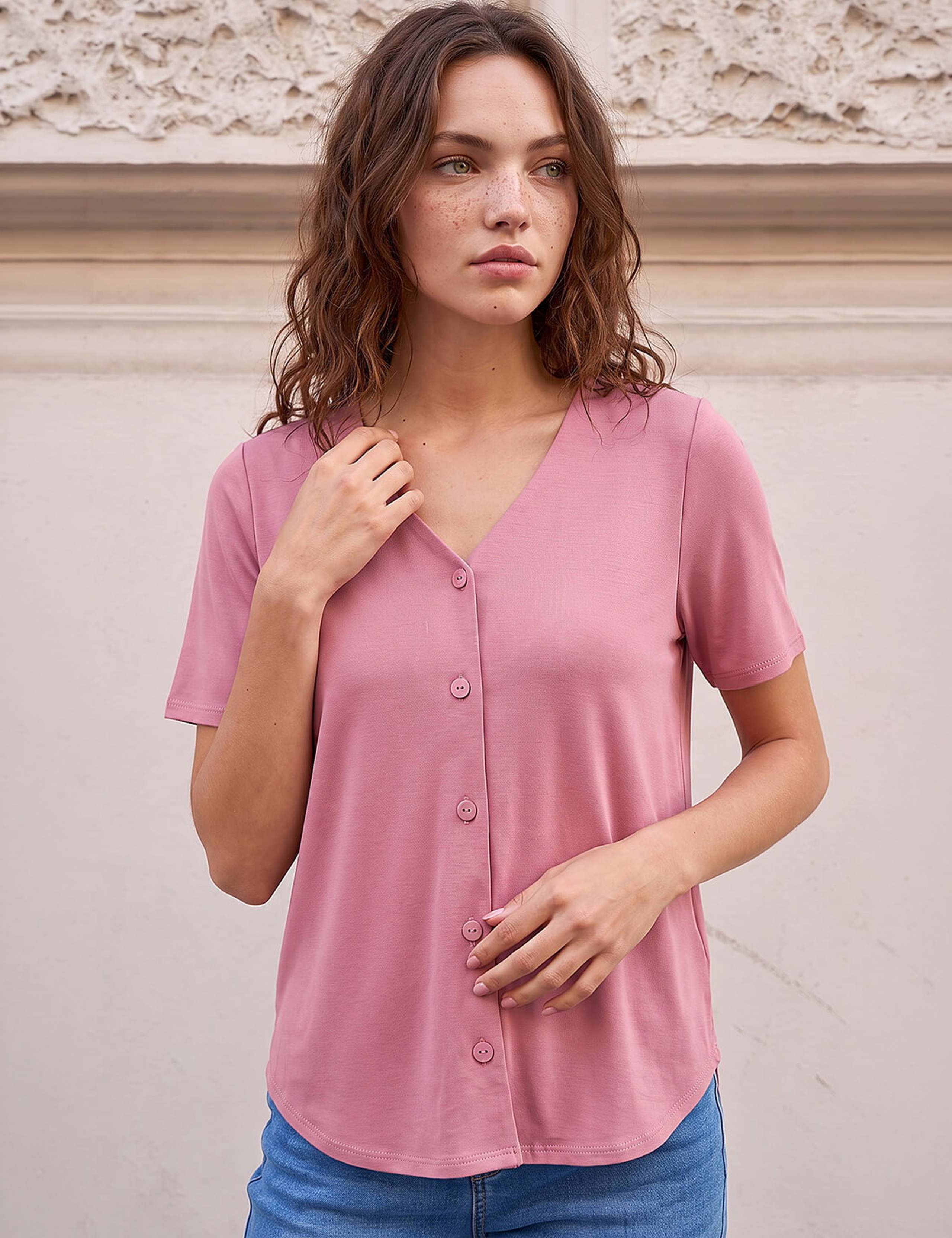 Petite V Neck Buttoned Blouse
