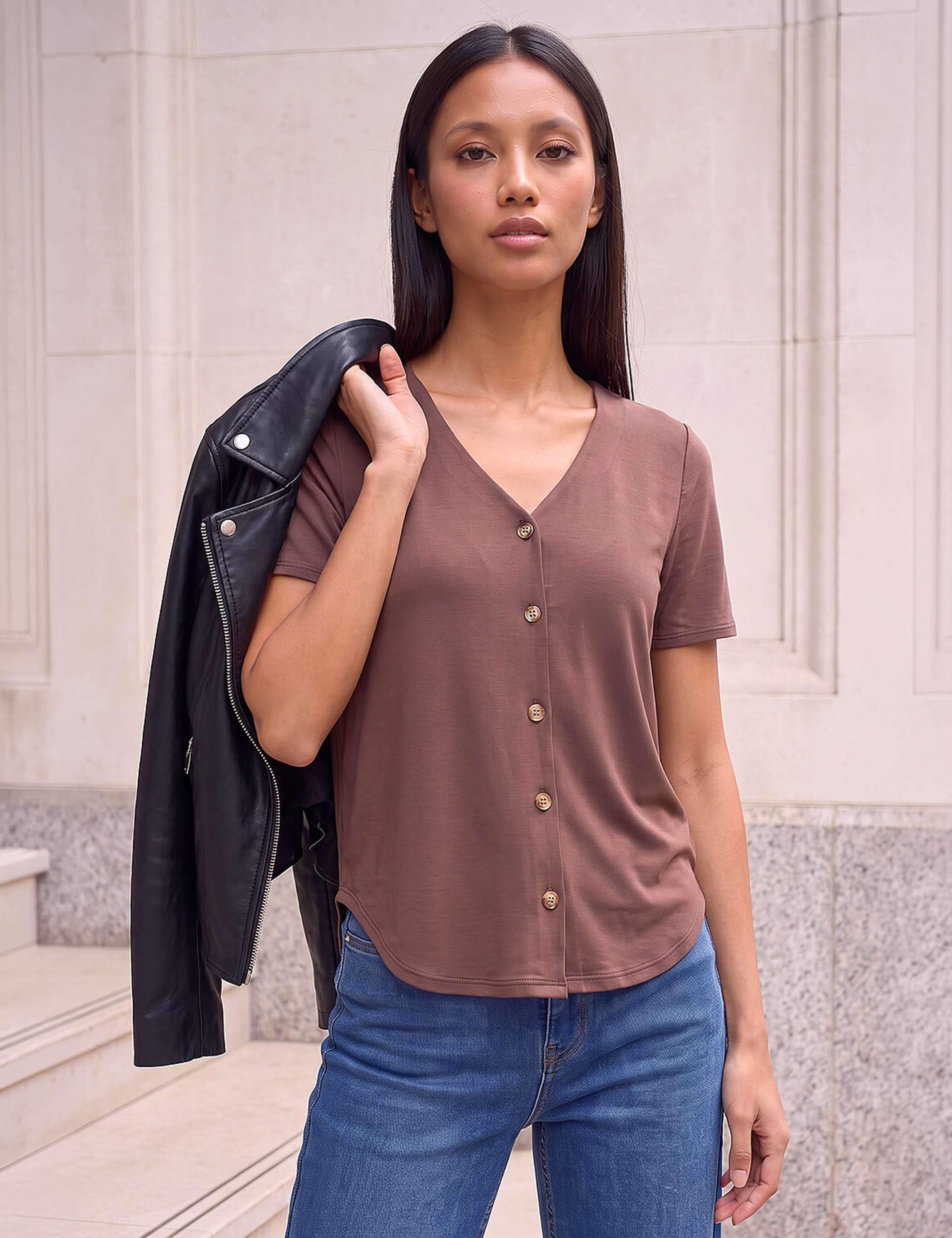 Modal Rich V Neck Button Through Blouse