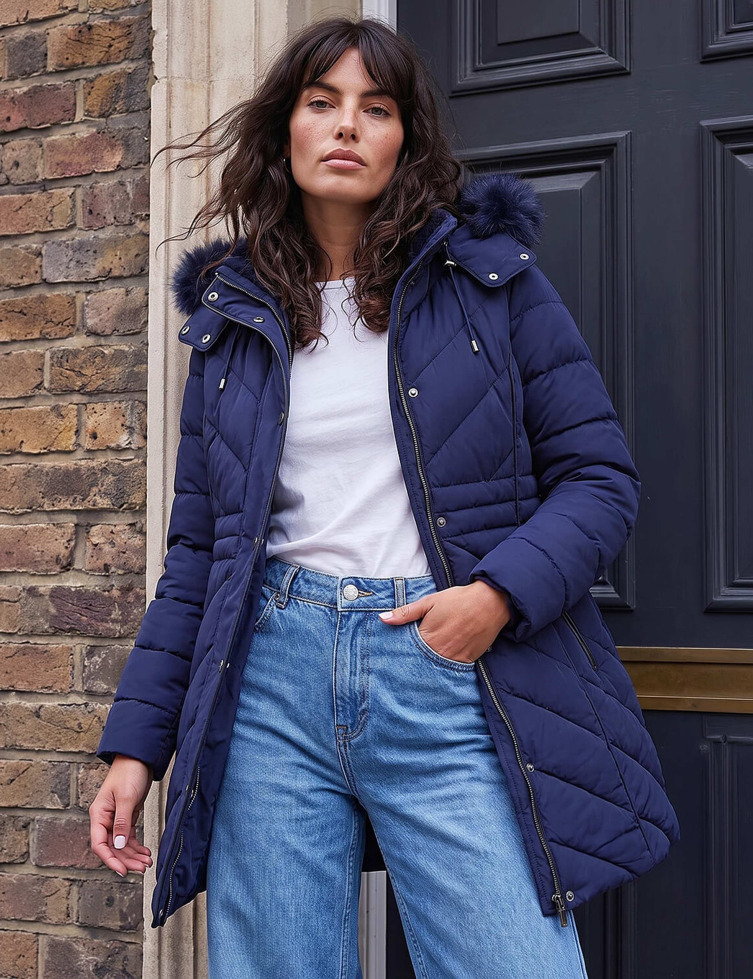 Padded Faux Fur Trim Hooded Coat